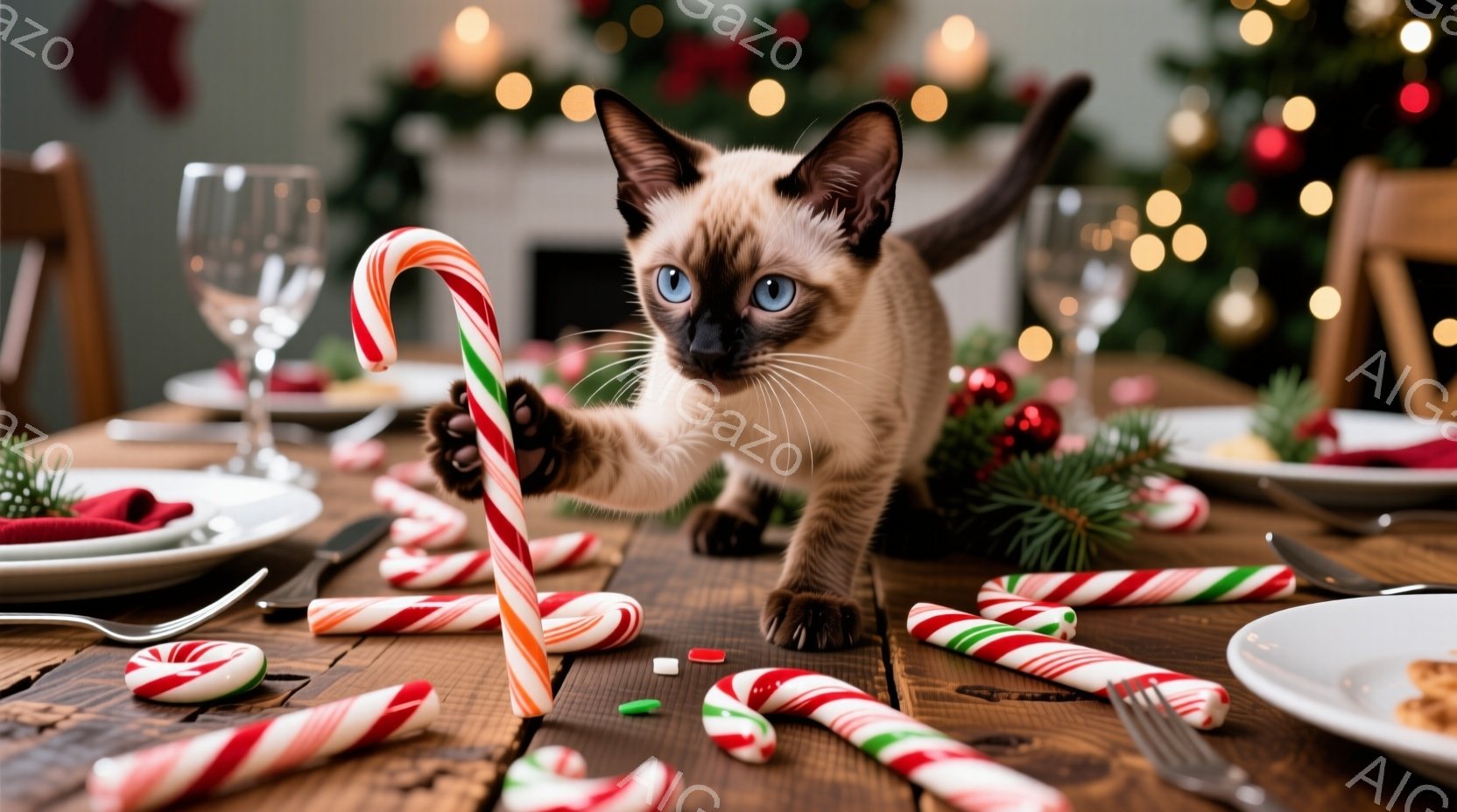 クリスマスツリーがぼやけた背景に、テーブルの上に座ったシャム猫が描かれています。猫は赤いストライプのキャンディケーンを前足で押さえており、いたずらっぽい表情でこちらを見ているようです。テーブルの上には、他のキャンディケーンや小さな菓子類が散らばっており、クリスマスの楽しい雰囲気が漂っています。