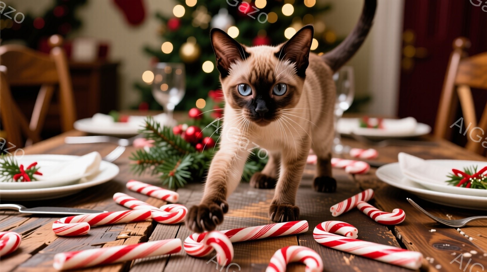 シナモン色の美しいシャム猫が、クリスマスを意識したテーブルの上を歩いています。テーブルの上には、キャンディケーンが散らばり、奥にはクリスマスツリーがぼやけて見え、温かい雰囲気を作り出しています。猫は前足を伸ばし、好奇心旺盛な表情でカメラの方を見つめており、クリスマスの準備の賑やかさを感じさせます。