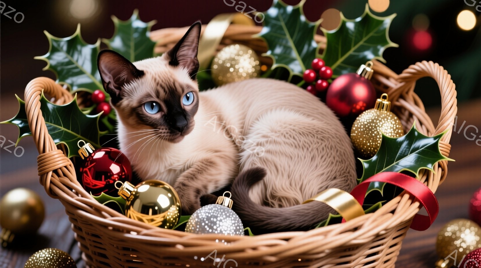 クリーム色のウィッカーバスケットの中に、美しいブルーの瞳をしたシャム猫が丸まって眠っています。バスケットはホリデーオーナメントや赤いリボン、そして冬の葉で飾られており、猫の周りにはキラキラと輝く飾りボールが散りばめられています。全体的に暖かく、お祝いの雰囲気で、猫が心地よく眠る様子が伝わってきます。