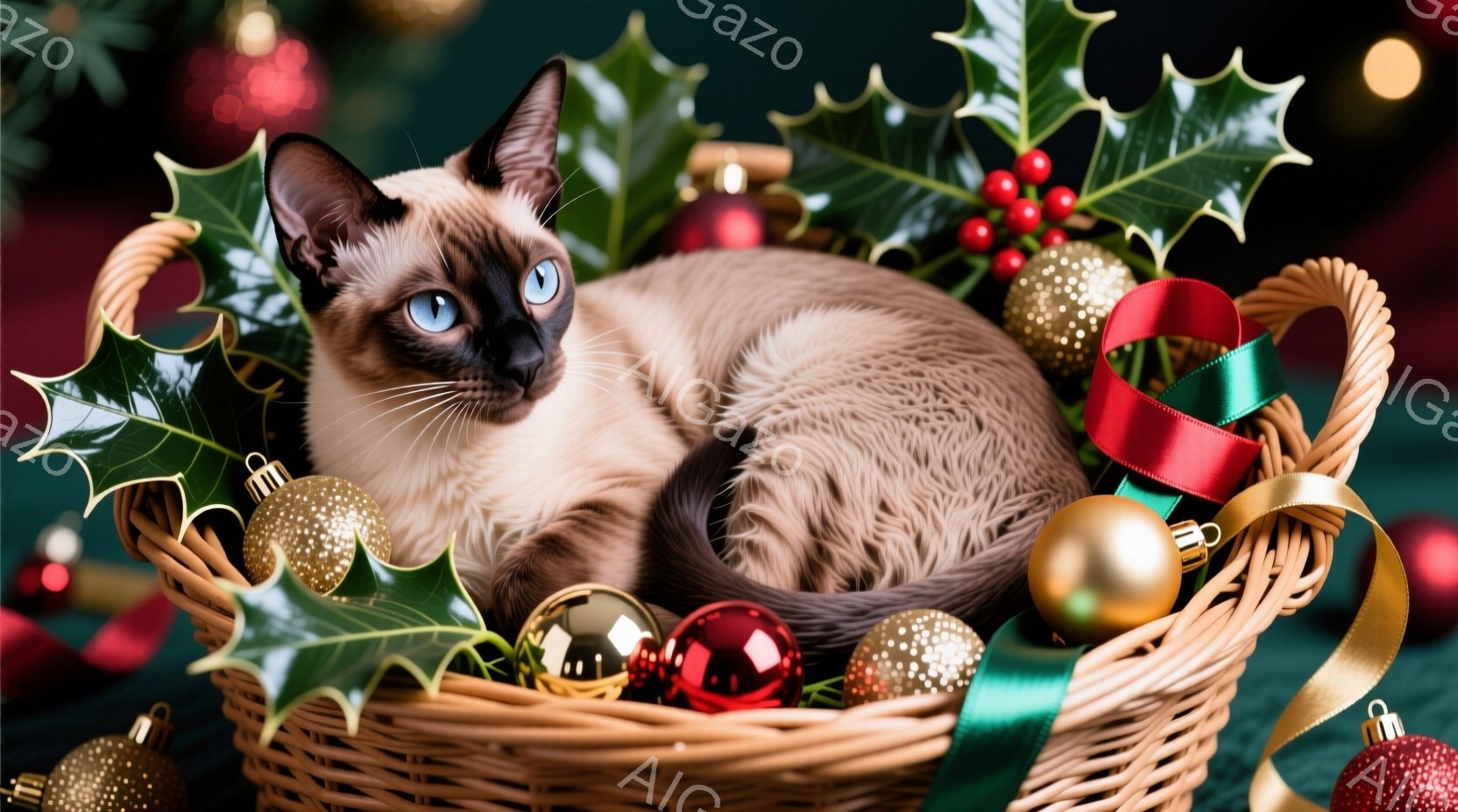 シーマル猫が、クリスマスオーナメントと緑の葉で飾られた編みバスケットの中に丸まって座っています。猫は青い目を持ち、少し上を見つめており、リラックスした様子が伺えます。背景にはクリスマスツリーの飾りなどがぼやけて見え、温かく華やかなクリスマスの雰囲気を醸し出しています。