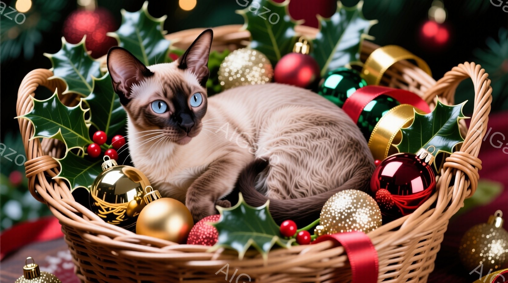シーマル猫が、クリスマスの飾りでいっぱいのバスケットの中に丸まって座っています。猫は澄んだ青い目を持ち、リラックスした表情で、周囲の赤い、金色のオーナメントに囲まれています。背景にはぼやけたクリスマス - AI生成フリー素材