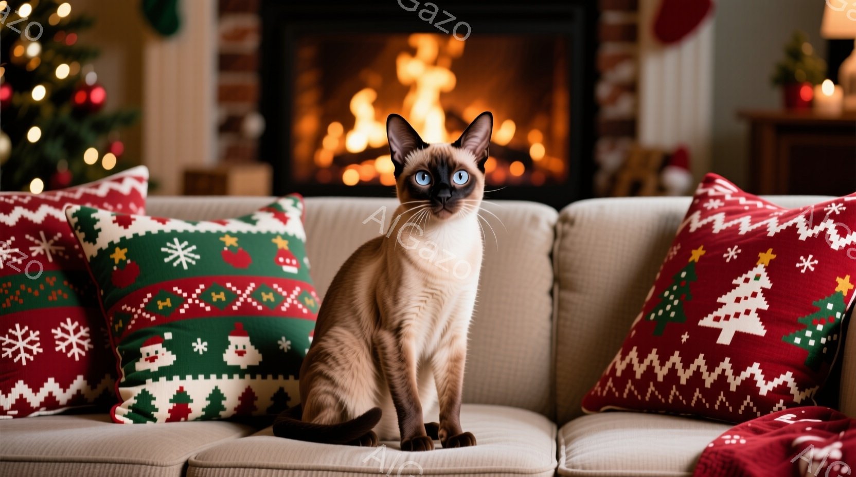 シベリアンハスキーのような毛並みの猫が、クリスマスの柄のクッションに囲まれた白いソファに座っています。猫は正面を見ており、青い瞳が印象的です。背景には暖炉があり、クリスマスツリーがぼんやりと見え、温か - AI生成フリー素材
