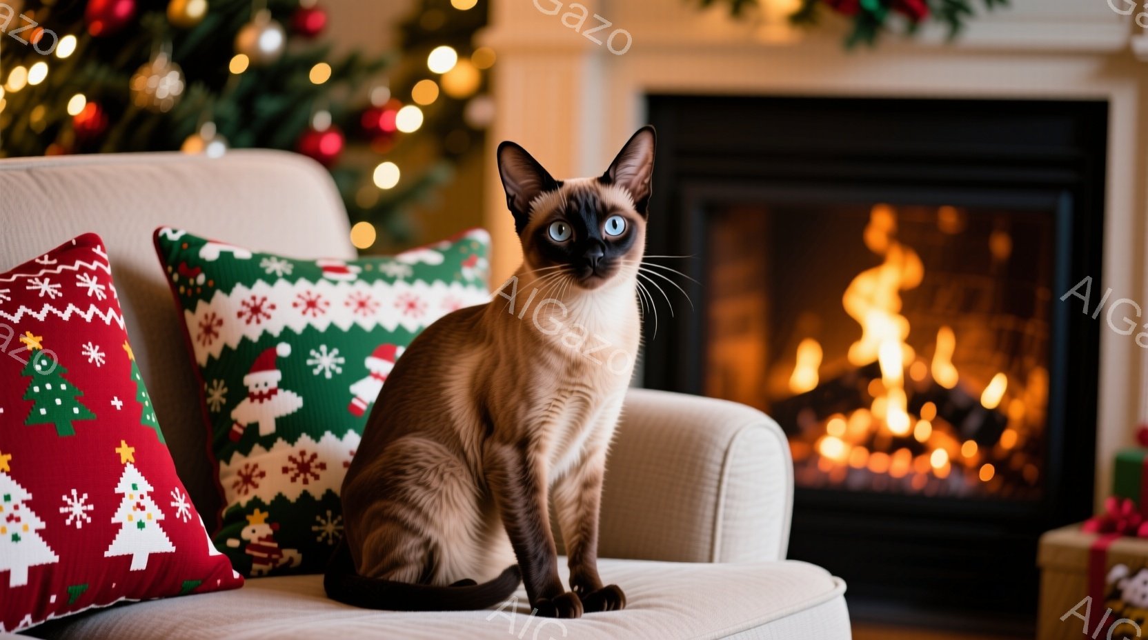 クリーム色のソファに、シャム猫が優雅に座っています。背景には、クリスマスツリーの飾りと暖炉の炎が見え、温かく、お祝いの雰囲気が漂います。猫はまっすぐ前を見ており、その瞳は鮮やかなブルーで、リラックスした様子が伺えます。
