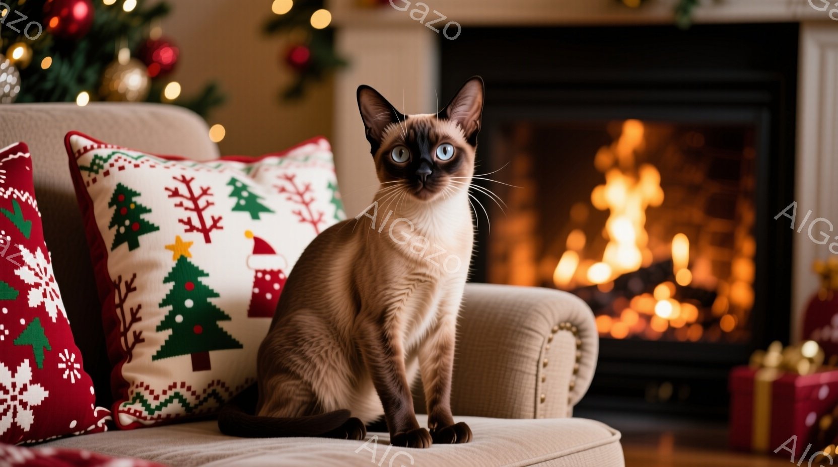 シーズーキャットが、冷たい目で前を向けて座っている。赤いイルミネーティオンのある白いクリップカウチに着騎乗している。背景はロジングルファイアと冬のインテリアで、温かみと季節の感情が感じられる。