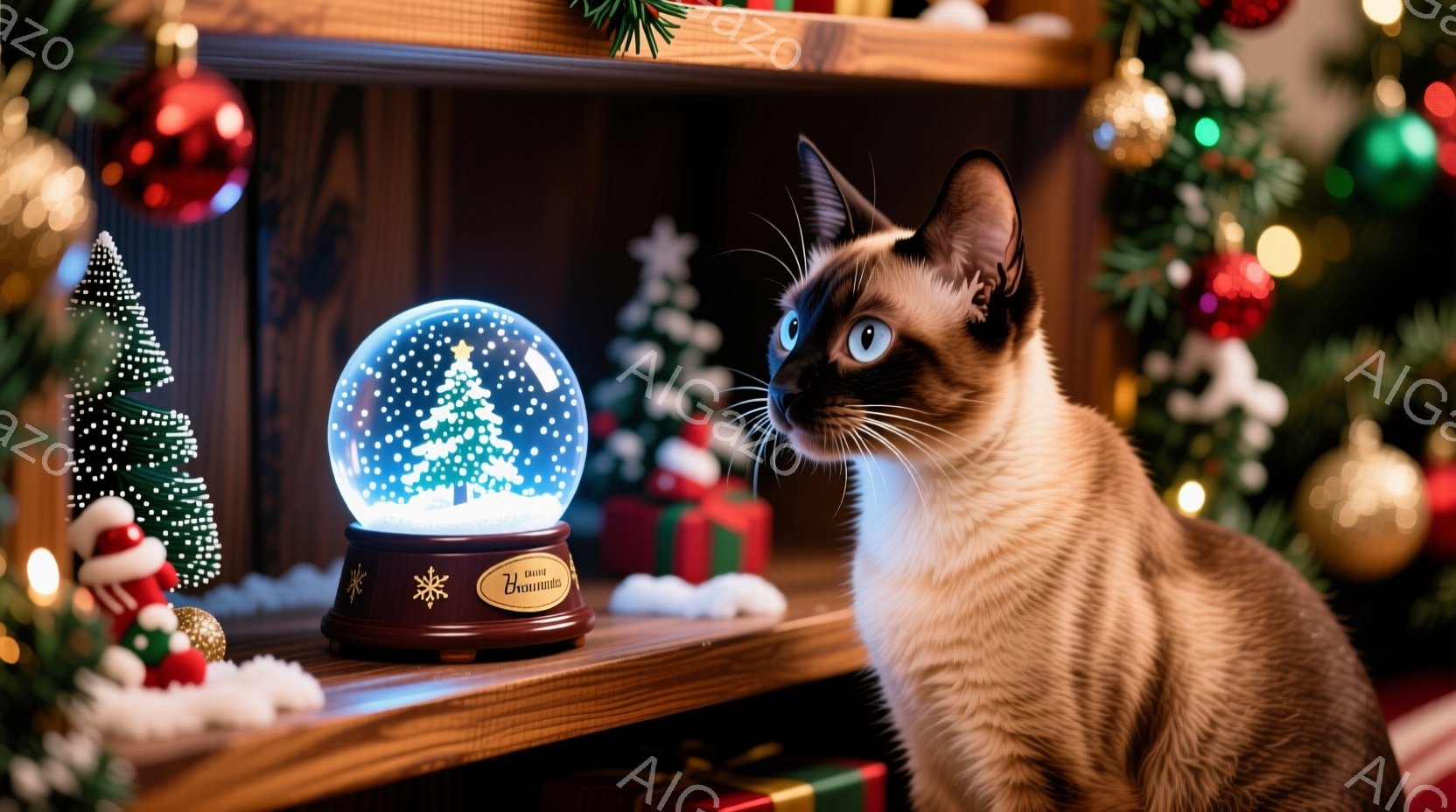クリスマスツリーのオーナメントとギフトボックスが並ぶ棚の前に、美しいシャム猫が立っています。猫は茶色い毛並みで、大きな青い瞳が印象的です。背景には、緑のクリスマスツリーや赤い飾りなどが鮮やかに映り、温かく華やかなクリスマスの雰囲気が漂っています。