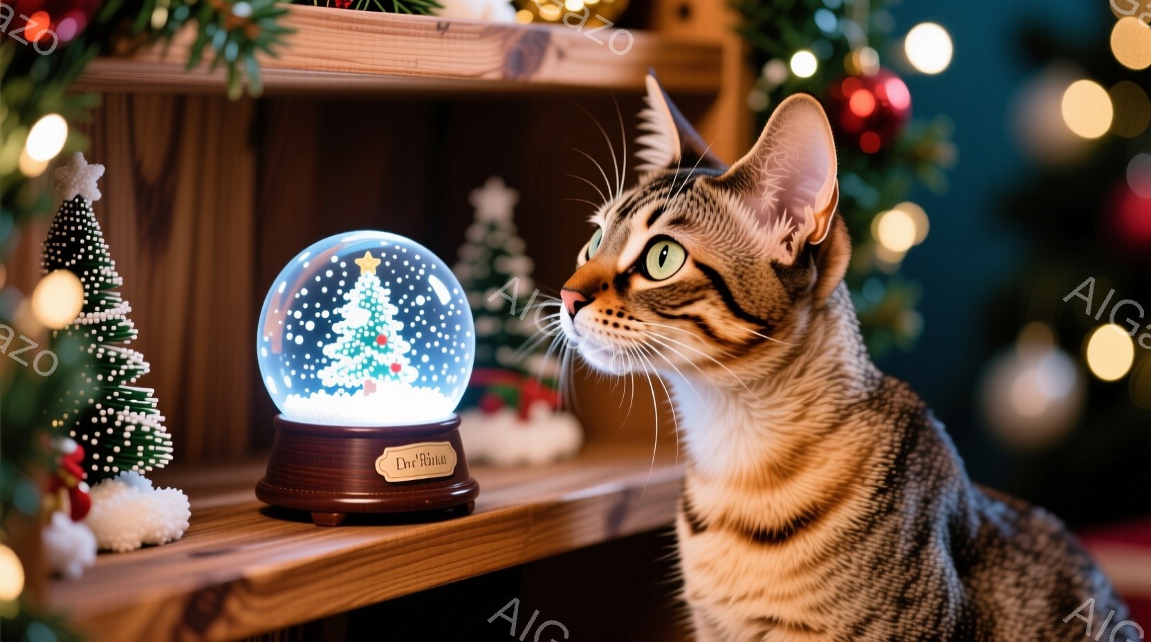 明るい木製の棚の上に、雪の結晶が舞うクリスマスのオーナメントが入ったガラス製のスノーグローブが置かれています。その隣には、灰色の縞模様の猫がいて、スノーグローブを見つめ、興味津々な表情をしています。背景にはぼやけたクリスマスツリーの飾りや光があり、暖かく穏やかな祝日の雰囲気を醸し出しています。