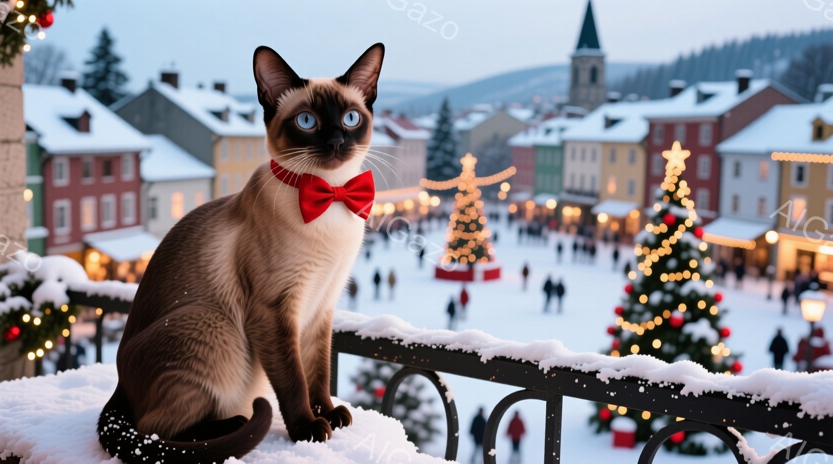 シナモン色の美しいシャム猫が、赤い蝶ネクタイを付けて雪で覆われた柵の上に座っています。背景には、クリスマスツリーやイルミネーションで飾られた、雪景色の中に広がる可愛らしい建物群が見え、冬の祭りのような華やかな雰囲気が漂っています。猫はカメラに向かって少し警戒しながらも上品な表情で、穏やかで幻想的な光景の中に溶け込んでいます。
