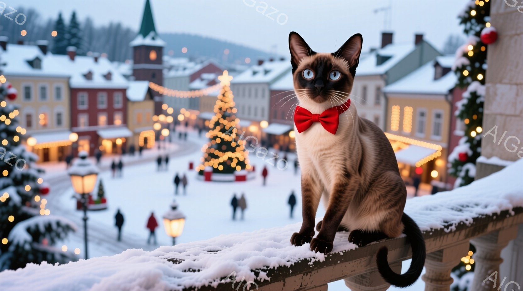 シナモンの毛並みの猫が、雪で覆われた手すりに座り、赤い蝶ネクタイをつけている。背景には、ライトアップされたクリスマスツリーと、雪景色の中の人々が見える冬の風景が広がり、温かさと静けさを感じさせる。全体 - AI生成フリー素材