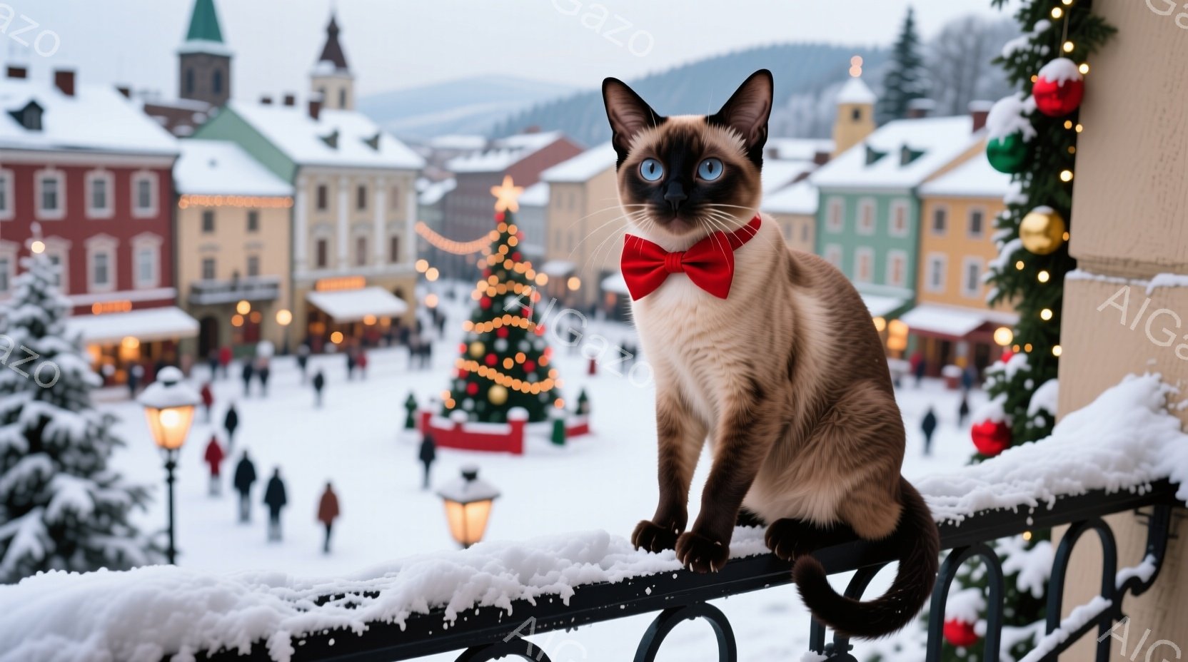 シーマ猫がバルコニーの手すりに座り、赤い蝶ネクタイをつけている。背景には雪景色の中のクリスマスの飾り付けがされた街並みが見え、遠くには建物や灯りが並んでいる。全体的に、猫は自信に満ちた表情で、クリスマスの温かく華やかな雰囲気を醸し出している。