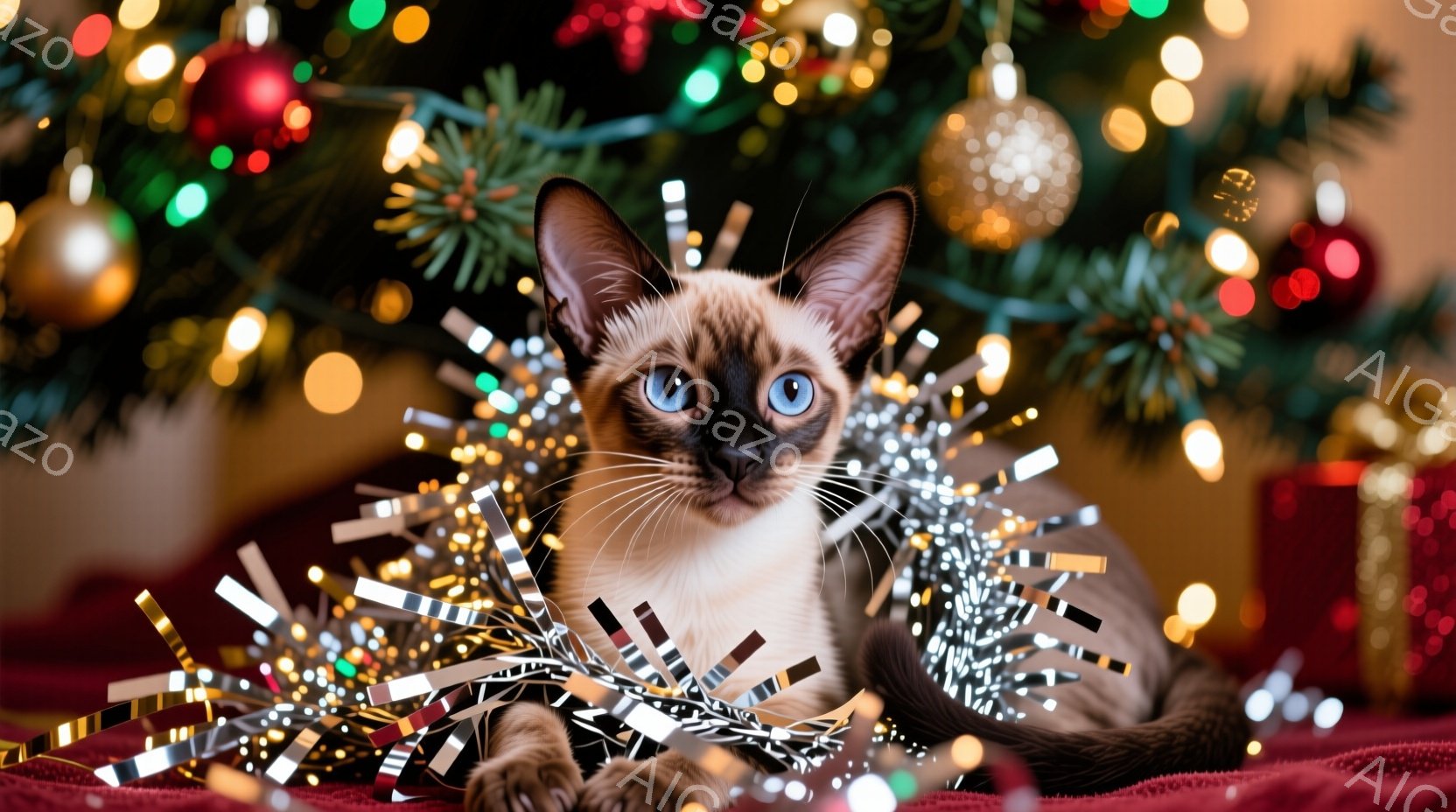 シーマーズ猫が赤い布の上に横たわり、キラキラした銀色のリボンに囲まれています。猫は澄んだ青い目を持ち、わずかに口角が上がり、リラックスした表情をしています。背景には、色とりどりのクリスマスツリーとプレゼントが見え、暖かく華やかなホリデーの雰囲気を醸し出しています。