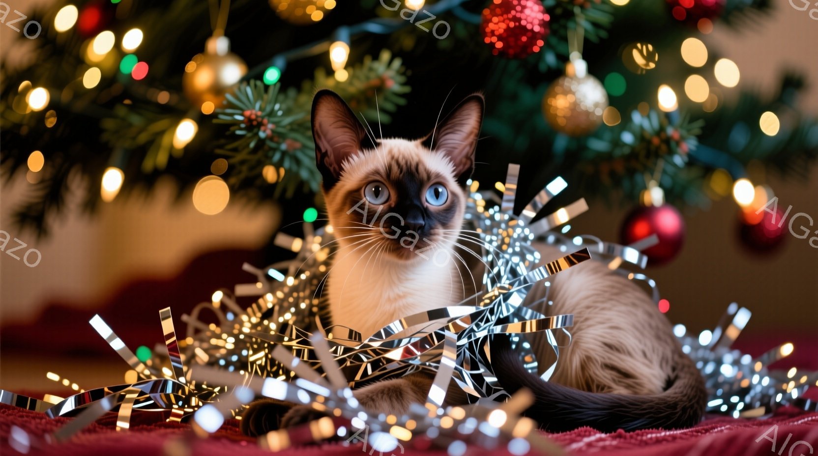 クリーム色の毛並みを持つシャム猫が、赤い布の上に散らばった銀色のモールにじゃれついている。背景にはクリスマスツリーがぼんやりと見え、温かい光で照らされている。猫はリラックスした様子で、好奇心旺盛な表情でカメラを見つめている。