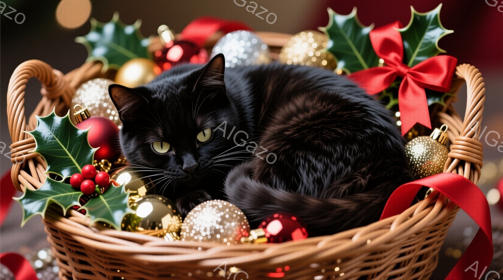 黒猫が、赤いリボンやクリスマスオーナメントで飾られたバスケットの中に丸まって眠っています。猫の表情は穏やかで、どこかリラックスしています。背景はぼやけていますが、クリスマスらしい装飾が施されていること - AI生成フリー素材
