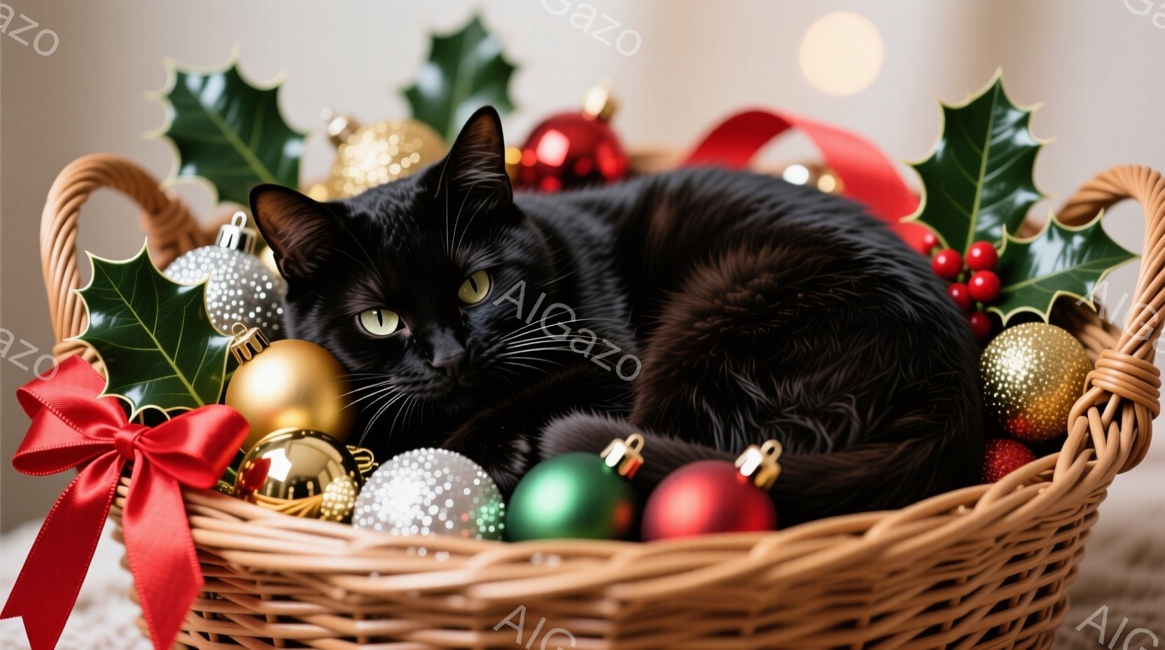 黒猫が編まれたバスケットの中にゆったりと横たわっており、赤いリボンとクリスマスオーナメントに囲まれています。猫は緑色の目を持ち、リラックスした表情でこちらを見つめています。背景はぼやけており、クリスマスの飾り付けが施された暖かく穏やかな雰囲気を醸し出しています。