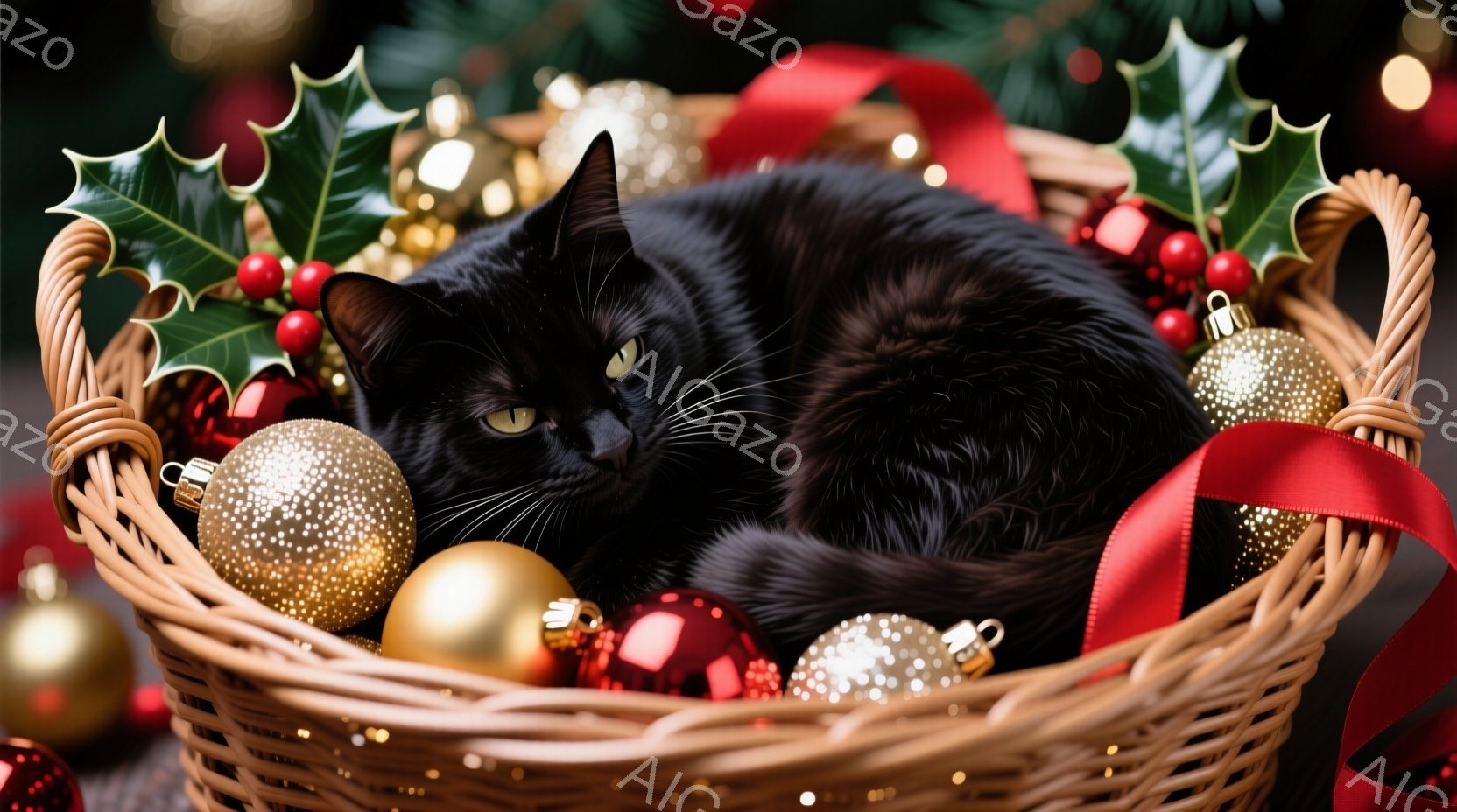 黒猫がウィッカーバスケットに丸まって眠っています。バスケットには金色のオーナメントや赤いリボンが飾られ、背景にはぼやけたクリスマスツリーが見えます。全体的に暖かく、お祝いの雰囲気が漂い、猫の穏やかな表情が安らぎを与えます。