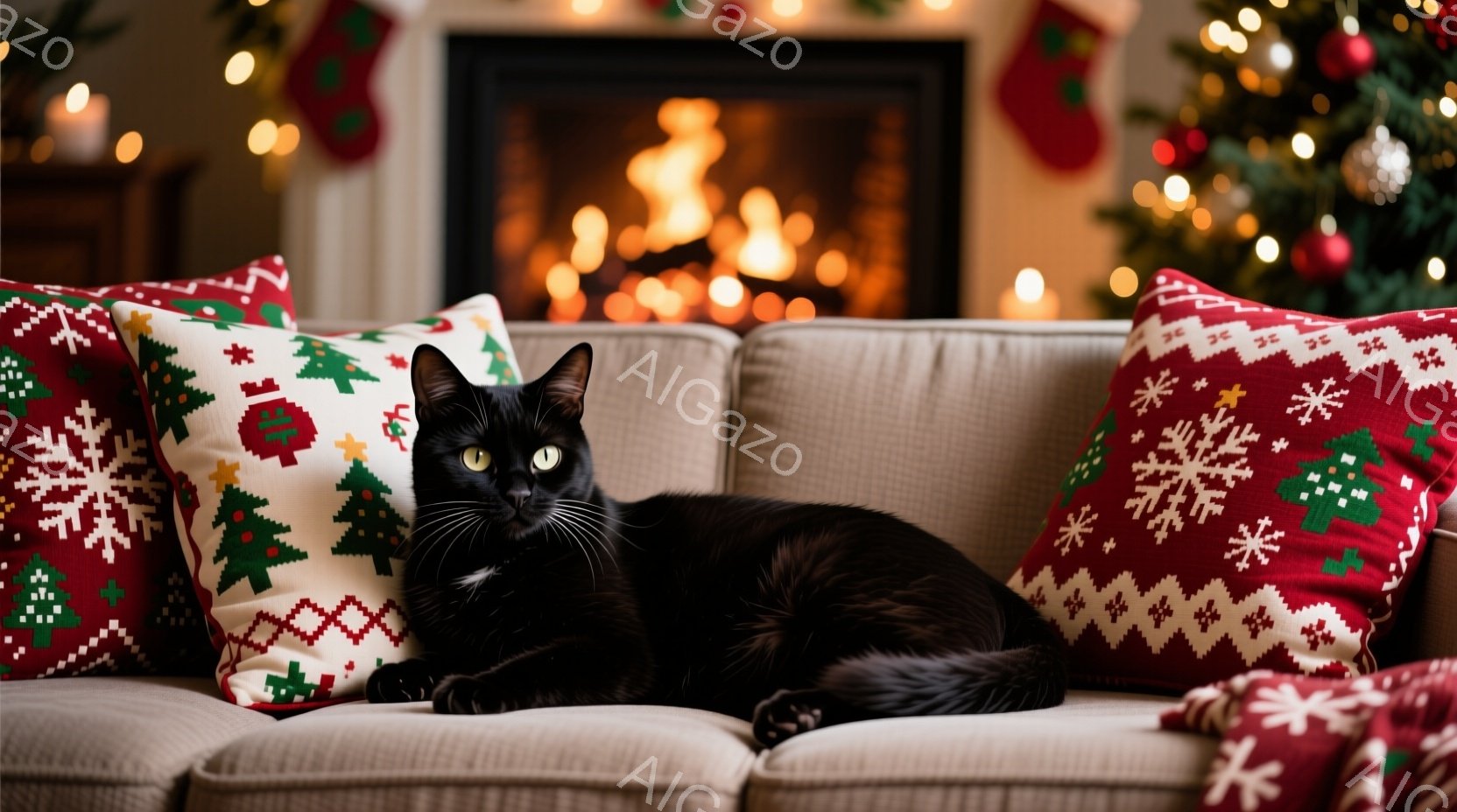 黒猫がクリーム色のソファーにゆったりと横たわっており、クリスマスの柄のクッションに囲まれています。暖炉の火が背景で燃え盛り、部屋全体を温かい光で満たし、リラックスした雰囲気を醸し出しています。クリスマ - AI生成フリー素材