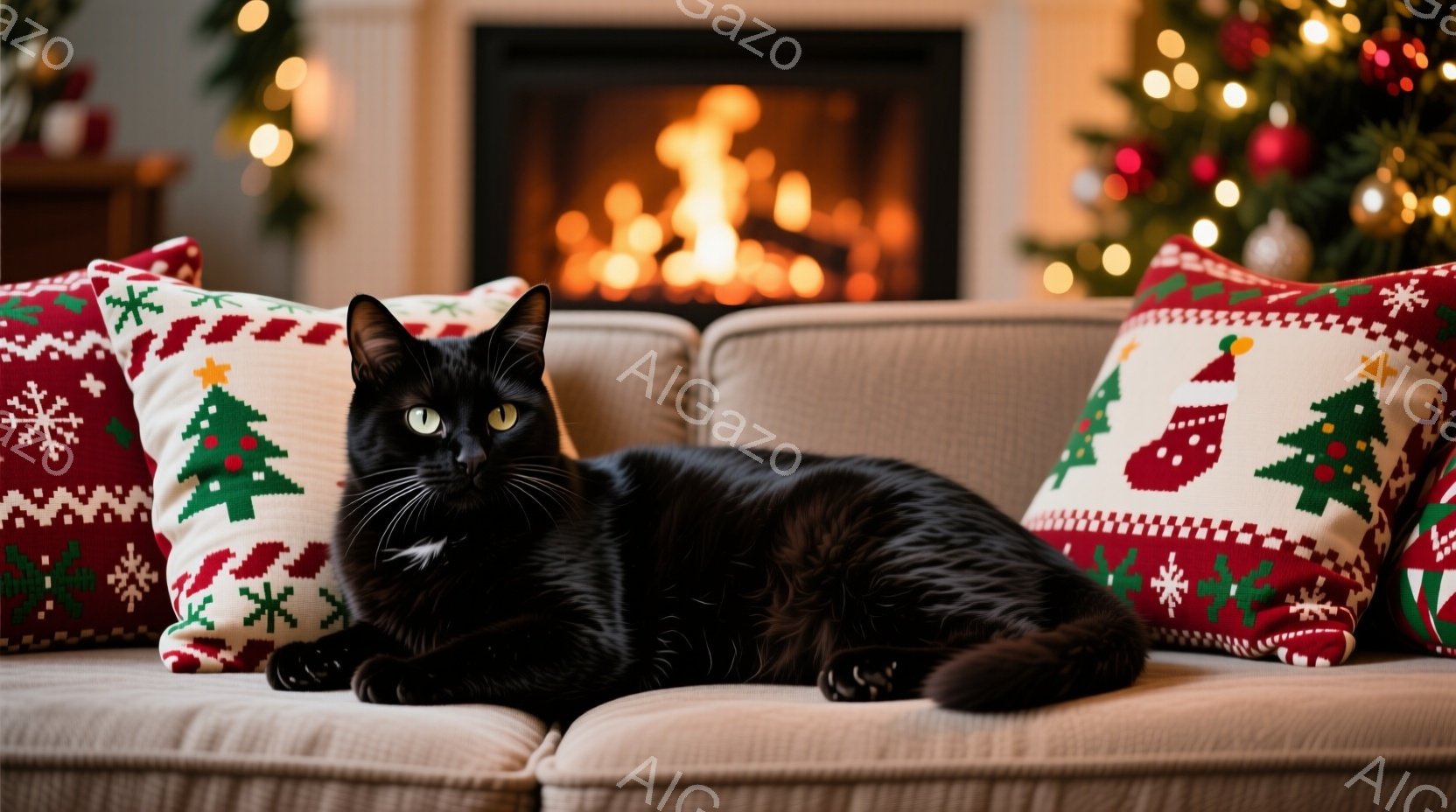 黒猫がベージュ色のソファに横たわっており、リラックスした様子を見せています。背景には、クリスマスツリーの飾りと暖炉の炎が見え、温かく心地よい雰囲気を作り出しています。クリスマスの柄が入ったクッションが猫の周りに配置され、季節感と安らぎを感じさせます。