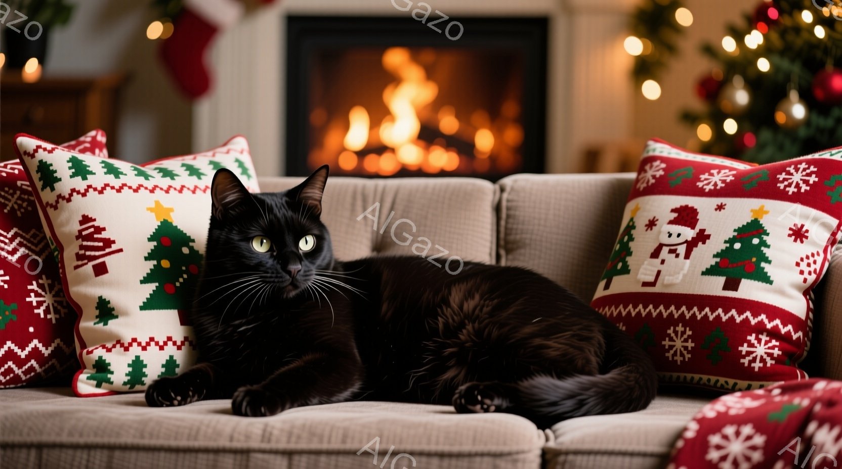 黒い猫がクリスマス柄のクッションに横たわってリラックスしています。背景には暖炉の炎と、ぼやけたクリスマスツリーが見え、温かく心地よい雰囲気が漂っています。猫は落ち着いた表情で、まるでクリスマスの休暇を - AI生成フリー素材