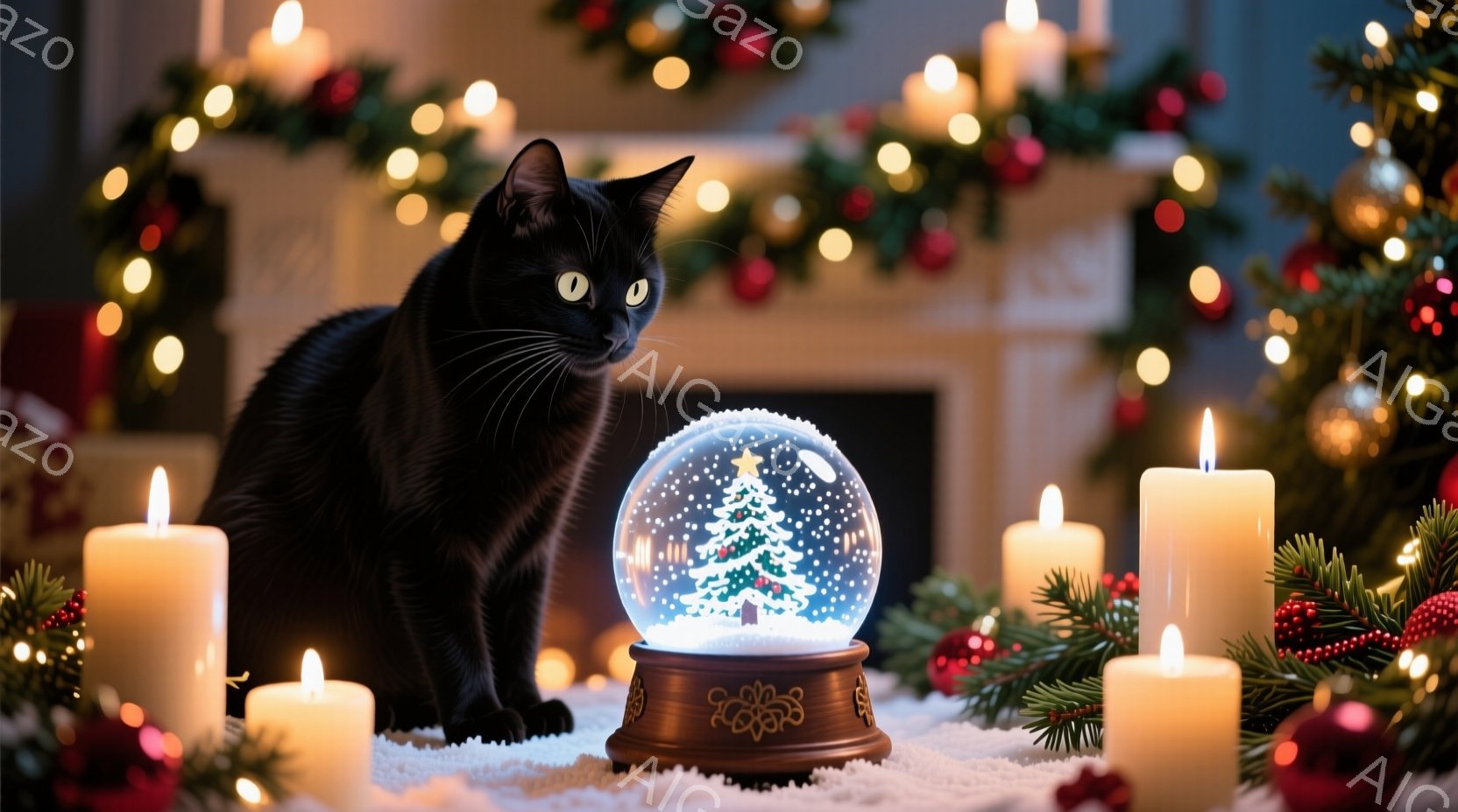 真っ黒な猫が、雪が降るクリスマスの置物（スノーグローブ）の隣に座っています。周囲には、白く光るキャンドルがいくつか置かれ、背景にはクリスマスツリーの飾り付けが見え、暖かく幻想的な雰囲気が漂っています。猫は置物をじっと見つめており、穏やかで静寂な様子が伺えます。
