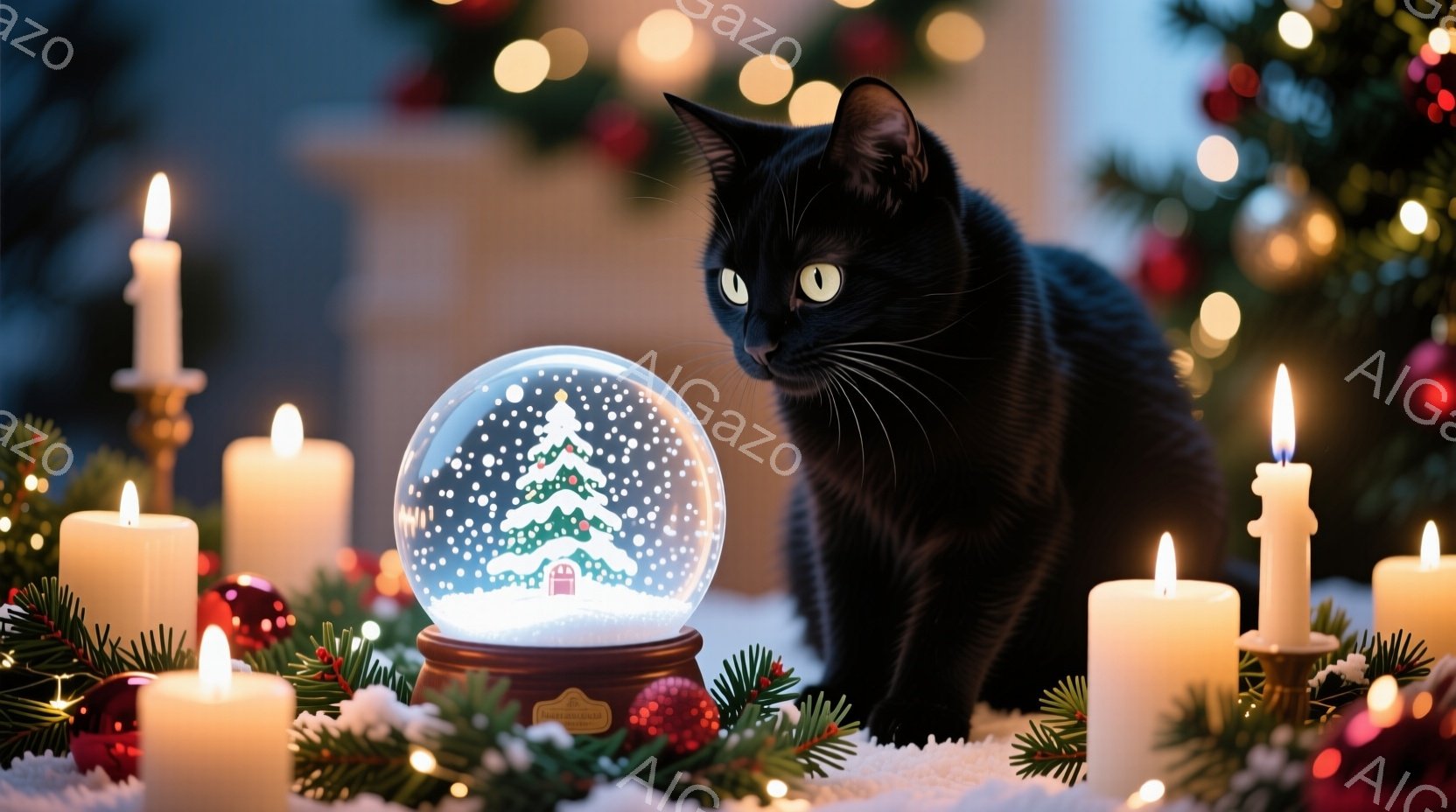 黒猫がクリスマスのスノーグローブを興味深そうに見つめています。周囲には光るキャンドルと緑豊かなクリスマスツリーの飾り付けが広がり、雪が敷かれた床が冬の雰囲気を盛り上げます。暖かく穏やかな光が、ホリデーシーズンの魔法のような雰囲気を演出しています。