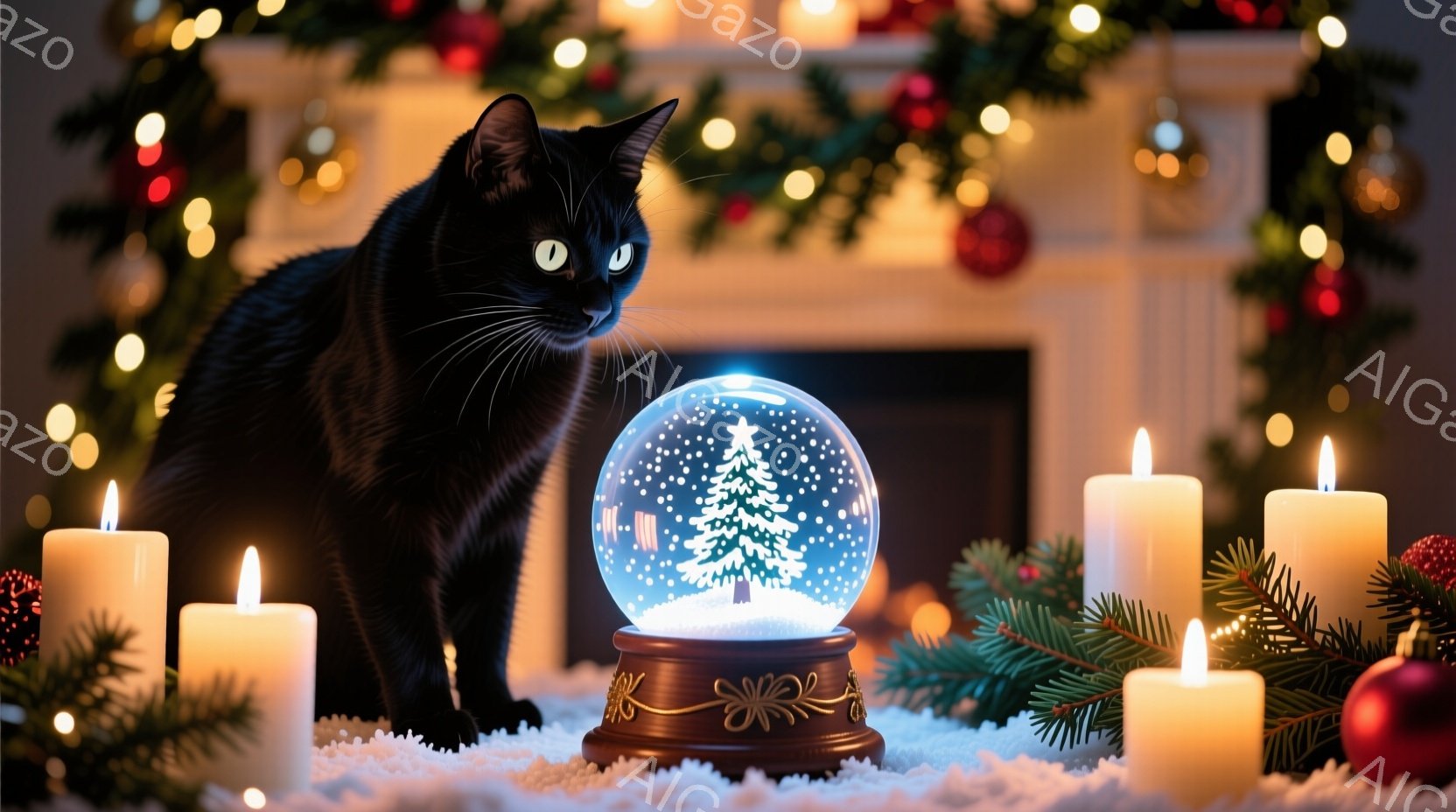 黒猫が雪の結晶が舞うクリスマスのオーナメントであるスノーグローブを興味深そうに見つめている。周囲には白く輝くキャンドルとクリスマスの飾り付けが配置され、雪が積もった床が冬の雰囲気を高めている。全体的に暖かく、幻想的なクリスマスの夜の雰囲気が漂っている。