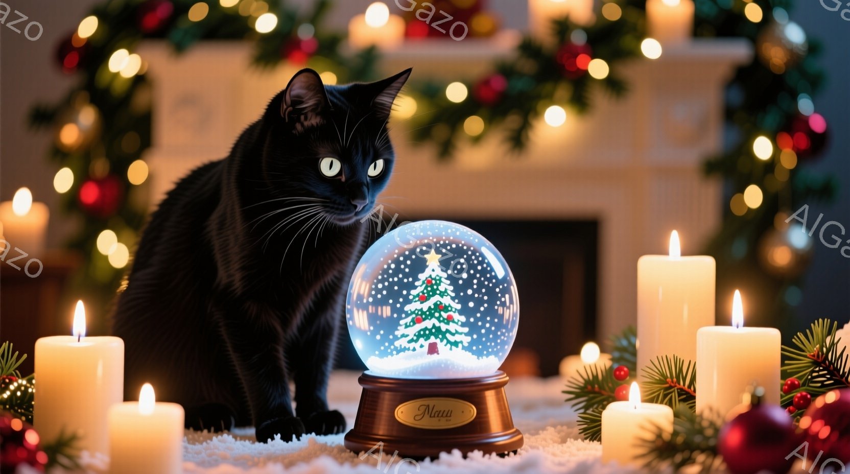 黒猫が雪の結晶が舞うクリスマスのオーナメントの雪球を見つめています。背景には、明るいキャンドルと緑豊かなクリスマスツリーの飾りがあり、暖かく穏やかな雰囲気を醸し出しています。猫の表情は好奇心旺盛で、冬の装飾に興味津々です。
