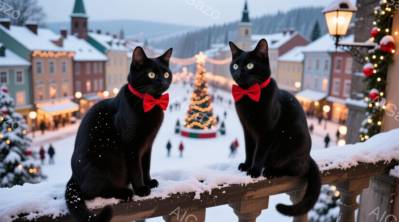 黒猫が二匹、雪で覆われた手すりに並んで座っており、それぞれ赤い蝶ネクタイをつけている。背景には、クリスマスツリーやイルミネーションで飾られた冬の街並みが広がり、遠くには雪を頂いた山々が見える。全体的に暖かく、祝祭的な雰囲気で、猫たちは街の景色を眺めているようだ。