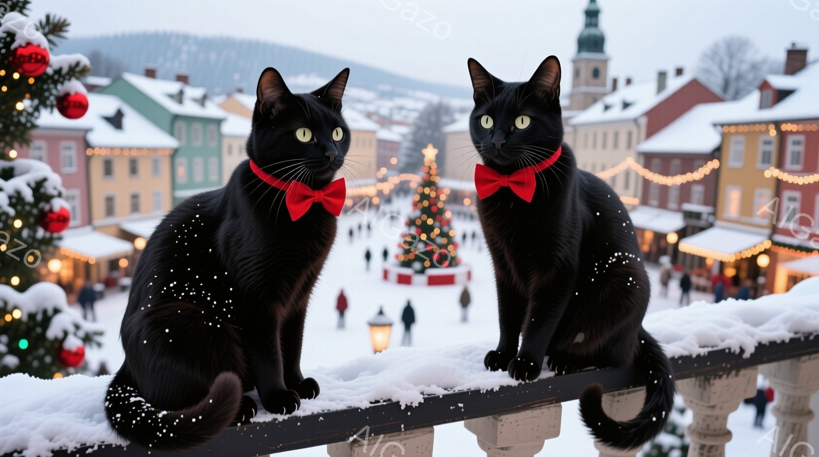 黒い猫が二匹、赤い蝶ネクタイをつけ、雪で覆われた欄干に並んで座っています。背景には、雪景色の中にクリスマスの飾り付けがされた建物が並び、遠くにはクリスマスツリーが見えます。全体的に、冬の温かく、お祝い - AI生成フリー素材