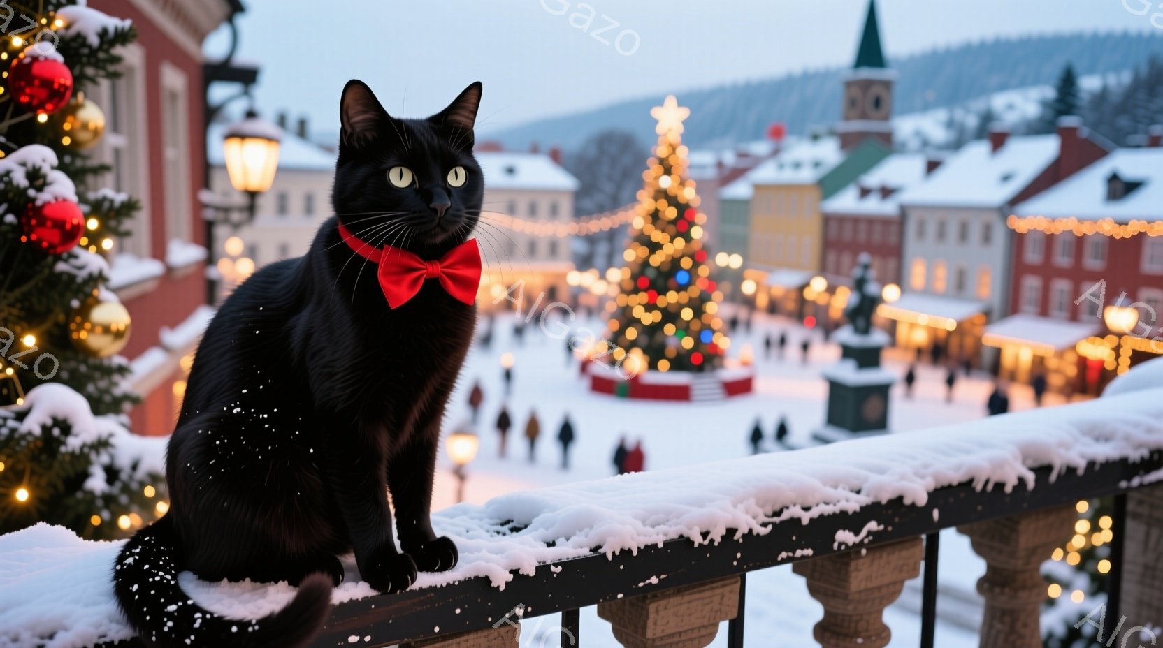 黒猫が雪で覆われた手すりに座り、赤いリボンを首に巻いている。背景にはクリスマスマーケットのような賑やかな光景が広がり、雪に覆われた建物やクリスマスツリーが見える。全体的に穏やかで、冬の暖かさを感じさせる雰囲気である。