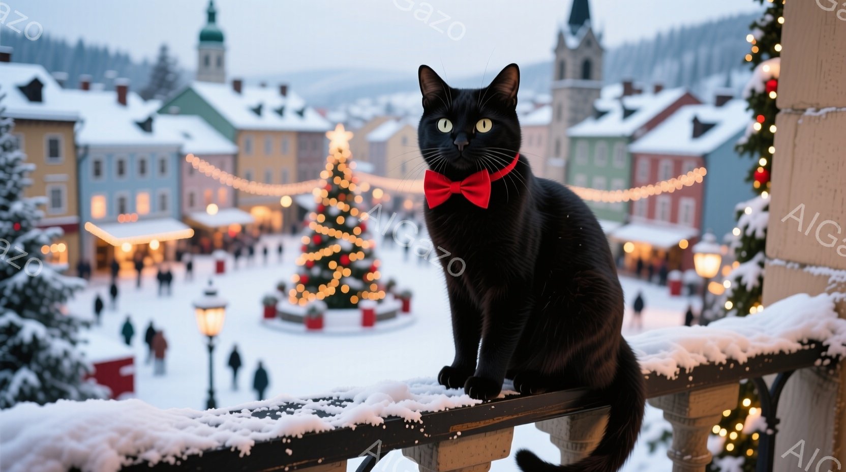 黒猫が雪で覆われた柵の上に座り、赤い蝶ネクタイをつけてカメラを見つめている。背景にはクリスマスの装飾が施された賑やかな市場広場と、雪景色の中に並ぶカラフルな建物が見える。全体的に、温かく幻想的な冬の雰囲気が漂っている。