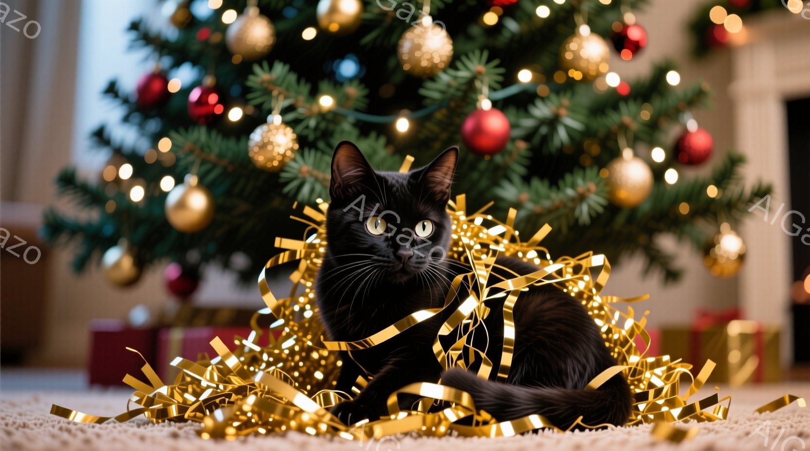 黒い猫が、クリスマスツリーの下のカーペットに寝そべっており、金色のリボンに囲まれています。猫はまっすぐ前を見ており、リラックスした表情をしています。背景には、赤と金のオーナメントで飾られた緑のクリスマスツリーがぼやけて見え、暖かくお祝いムードの室内が表現されています。