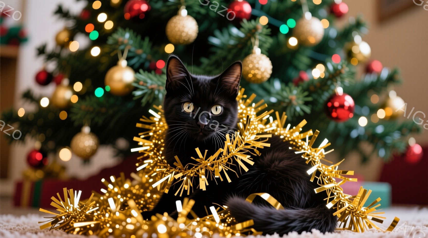 真っ黒な猫がクリスマスツリーの前に横たわり、金色のガーランドを首に巻き付けています。猫は落ち着いた表情でカメラを見つめており、その毛並みは艶やかで滑らかに見えます。背景には、色とりどりのオーナメントで飾られたクリスマスツリーと、ラッピングされたプレゼントが見え、温かく華やかなクリスマスの雰囲気が漂っています。