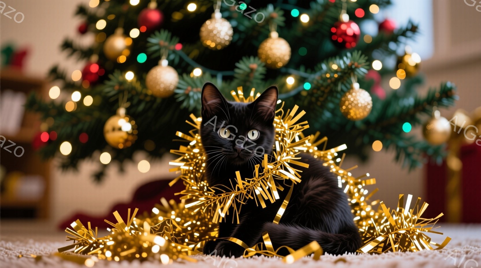 黒い猫が、キラキラ光る金色のクリスマス飾りの中に丸まって座っています。背景には、装飾されたクリスマスツリーがぼやけ、温かくお祝いムードを醸し出しています。猫はリラックスした表情で、遊んでいる様子が伺えます。