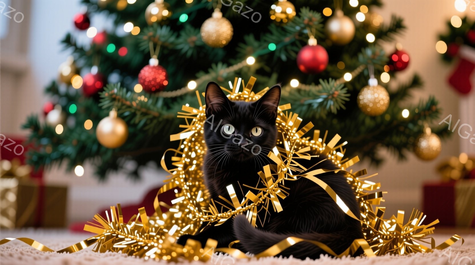 黒い猫がクリスマスツリーの下で、金色のガーランドに囲まれてくつろいでいます。猫は前足を揃え、リラックスした表情でカメラを見つめており、背景には飾り付けられたクリスマスツリーとプレゼントの箱が見えます。全体的に暖かく、祝祭的な雰囲気です。
