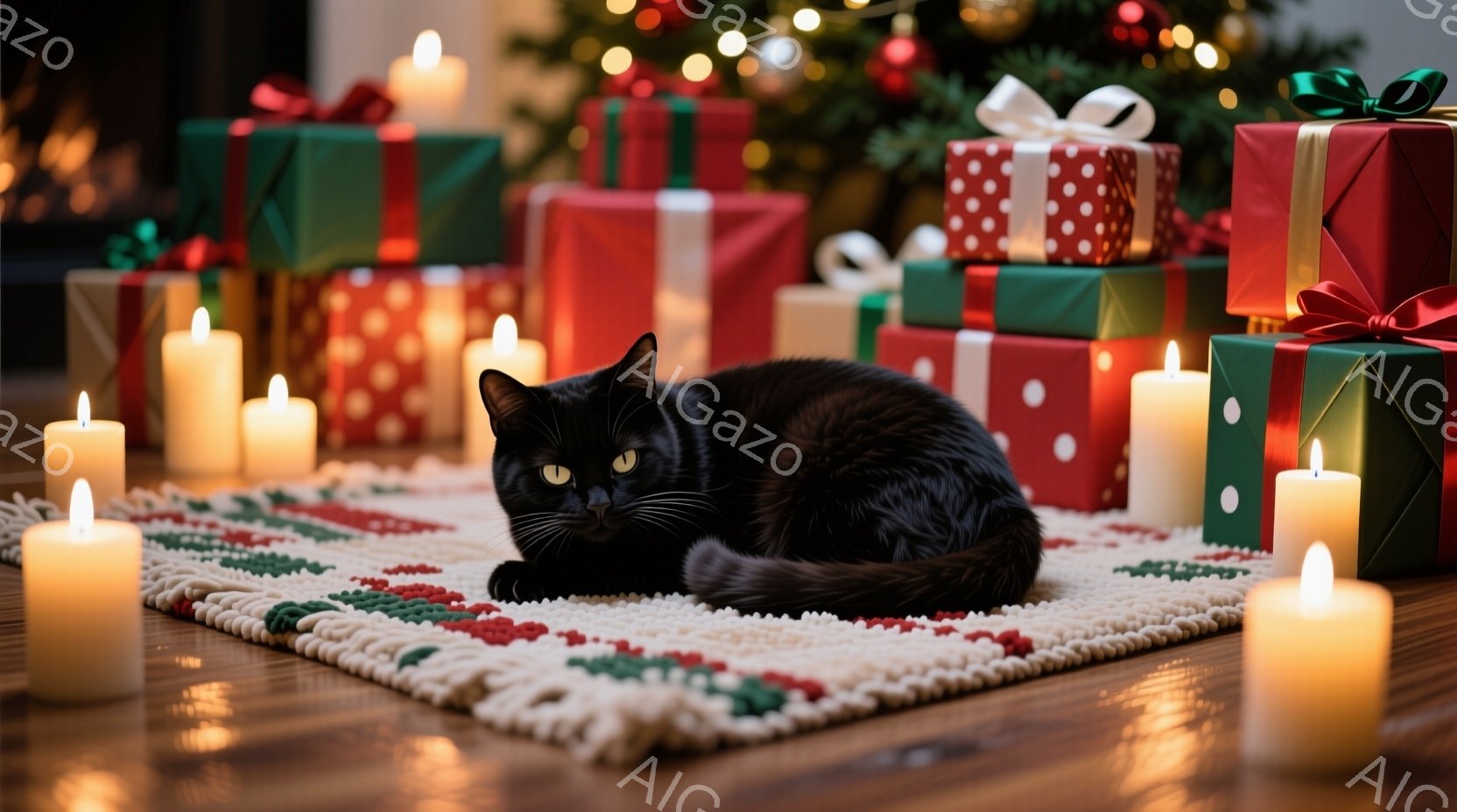 黒猫が白い敷物の上に横たわっており、鮮やかな赤と緑のギフトボックスが背景に積み重なっています。暖かく光るキャンドルが猫の周りに配置され、ほのかな光が猫の毛並みを照らし出しています。背景にはぼやけたクリスマスツリーが見え、全体的に温かく、お祝いムードの漂う場面です。