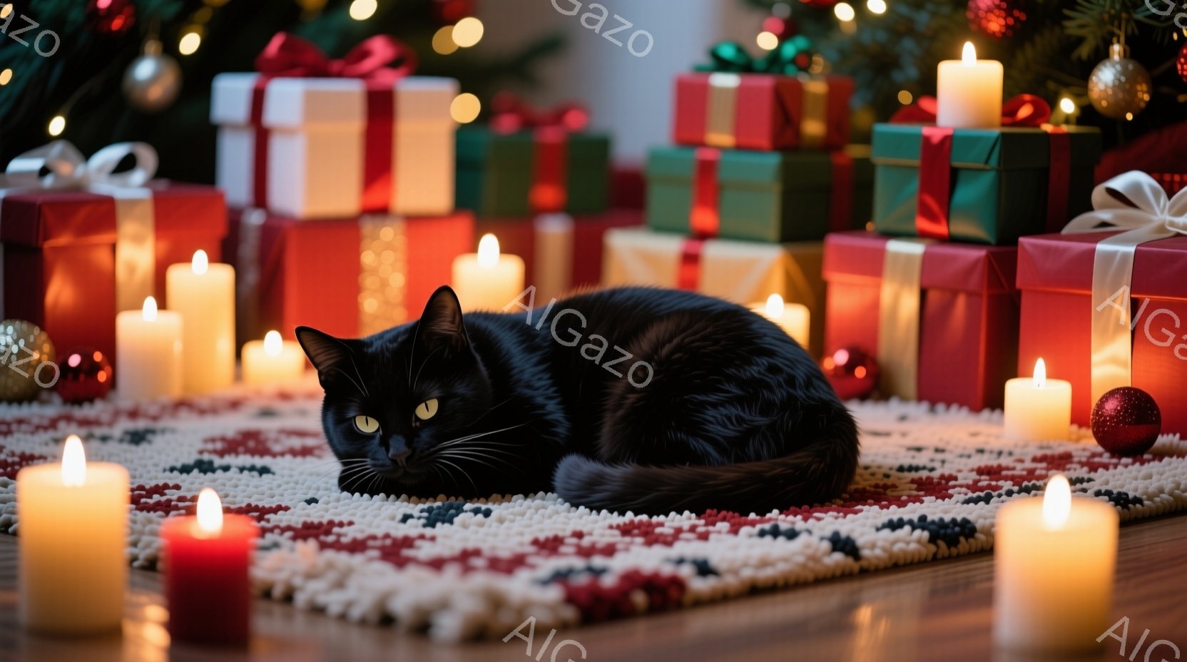 黒い猫が赤い模様の敷物の上に丸まって横たわっており、周囲には点灯したキャンドルが置かれている。背景にはクリスマスツリーとプレゼントが積み上げられており、温かくお祝いの雰囲気が漂っている。キャンドルの光が猫の黒い毛並みを照らし、リラックスした雰囲気を醸し出している。