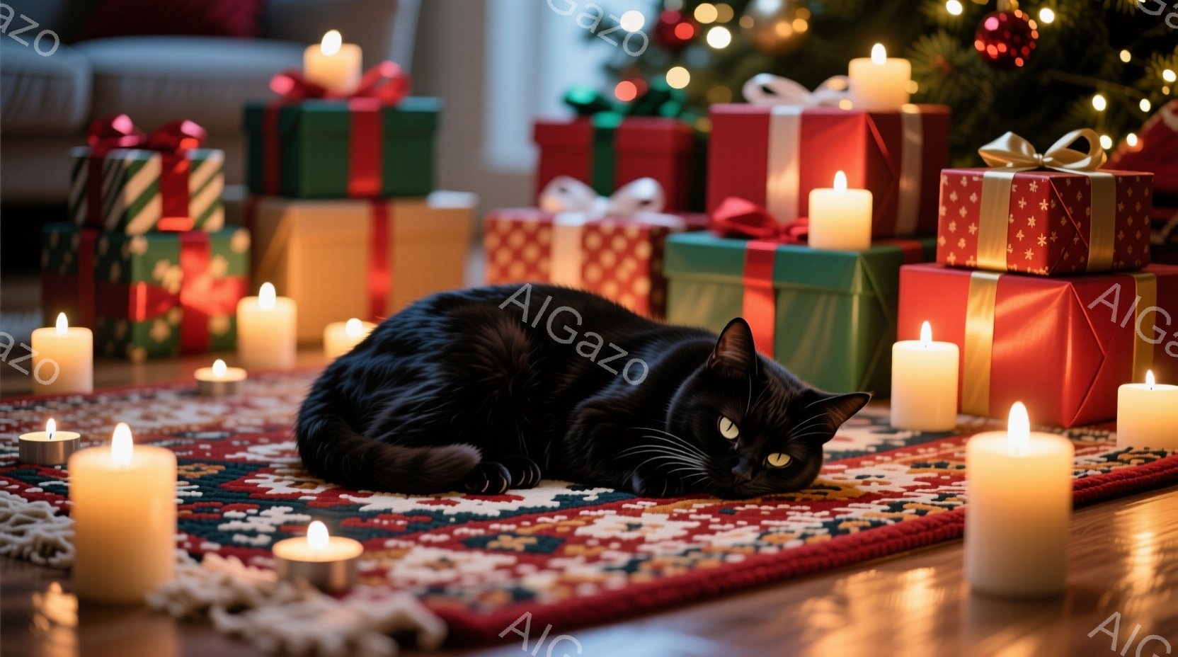 黒猫が赤いラグの上に丸まって横たわっており、周りには様々な包装紙で飾られたクリスマスプレゼントと点灯したキャンドルが並んでいます。猫はわずかに目を開け、リラックスした様子で周囲を伺っているようです。背景にはぼやけたクリスマスツリーが見え、暖かく幻想的な雰囲気を醸し出しています。