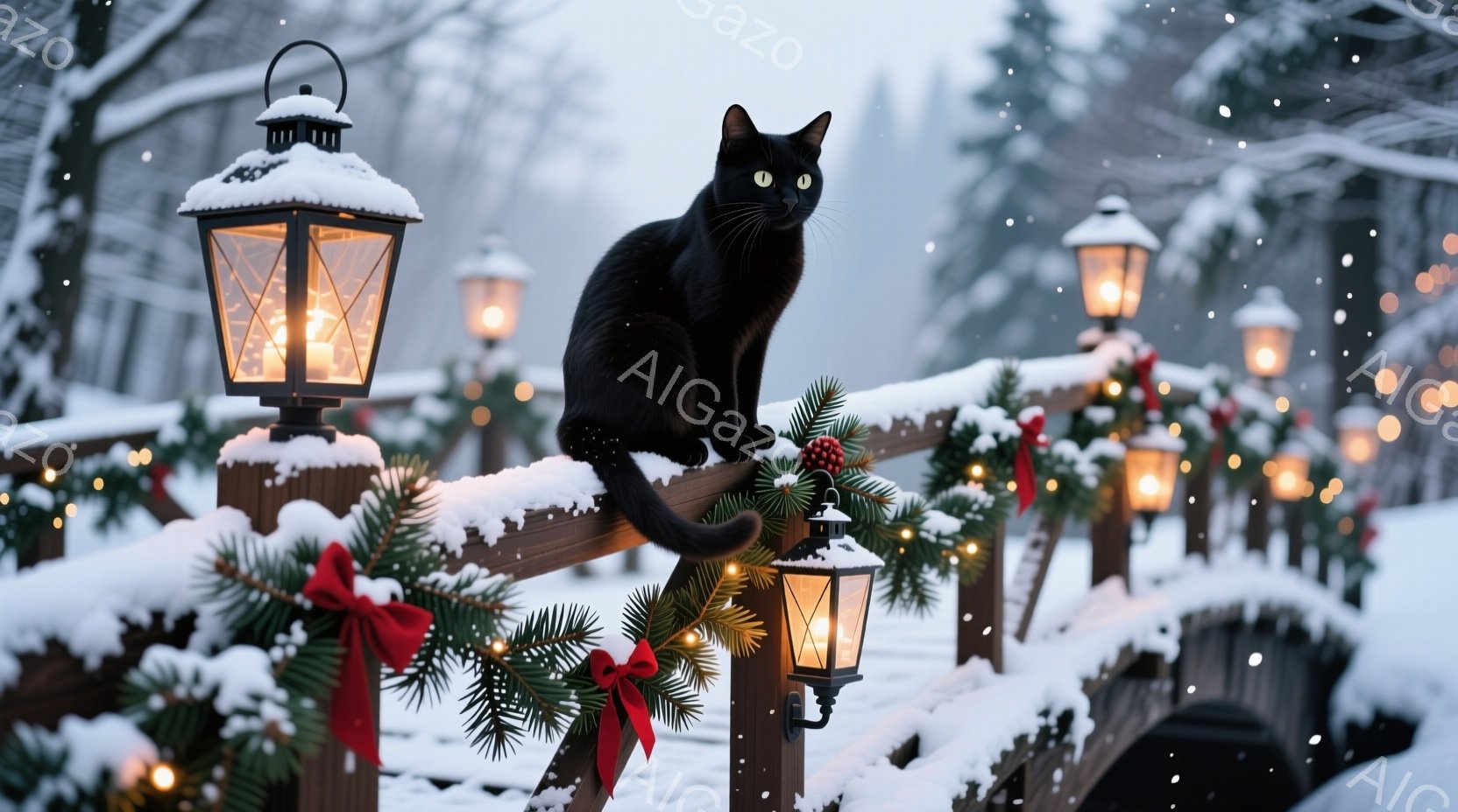 黒い猫が雪に覆われた橋の欄干に座り、遠くを見つめている。欄干にはクリスマスツリーの飾り付けと点灯されたランタンが並び、雪が舞い散る冬の風景を作り出している。全体的に、穏やかで幻想的な、季節の温かさを感 - AI生成フリー素材