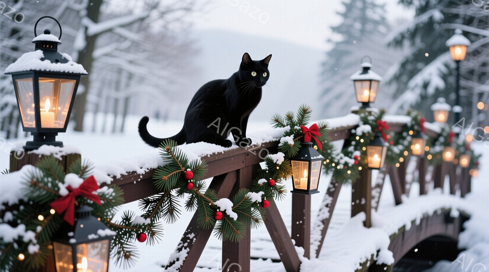 黒い猫が雪に覆われた橋の柵の上に座って、正面を見つめています。橋の欄干にはクリスマスツリーの飾り付けが施され、赤いリボンと実がついており、雪が降り積もる冬の景色の中に暖かな光が灯っています。背景には雪景色が広がり、穏やかで幻想的な雰囲気を醸し出しています。