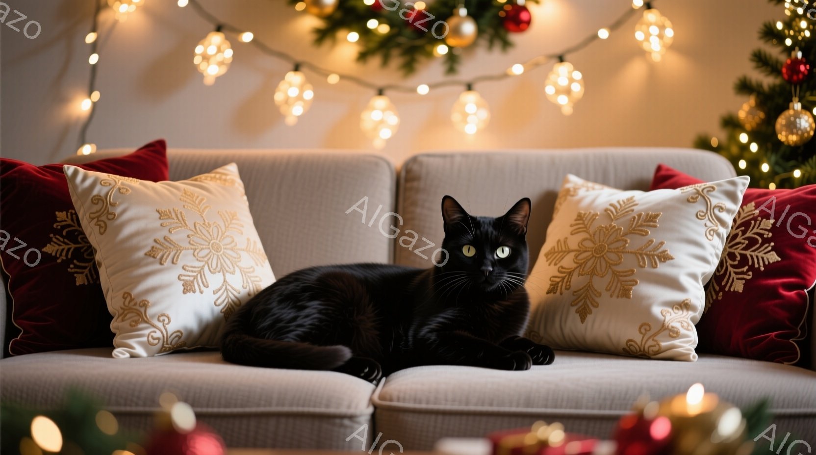 黒猫が明るいベージュ色のソファに横たわっています。猫はリラックスした姿勢で、正面を見つめています。背景には赤い枕と白い模様の枕が配置され、さらにクリスマスツリーの飾りと光が暖かく輝き、全体的に穏やかで落ち着いた雰囲気を醸し出しています。