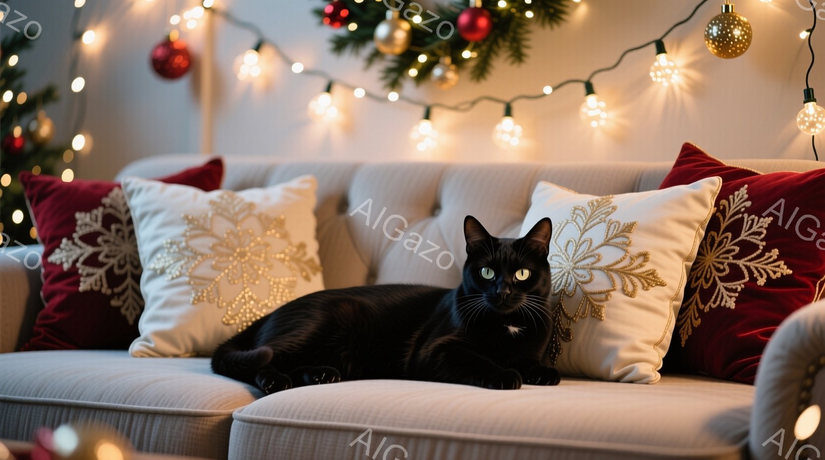 黒猫がオフホワイトのソファに横たわっており、リラックスした表情でカメラを見つめている。背景には赤い刺繍が施された枕と、ぼやけたクリスマスツリーと電飾があり、温かくお祝いムードを醸し出している。全体的に - AI生成フリー素材