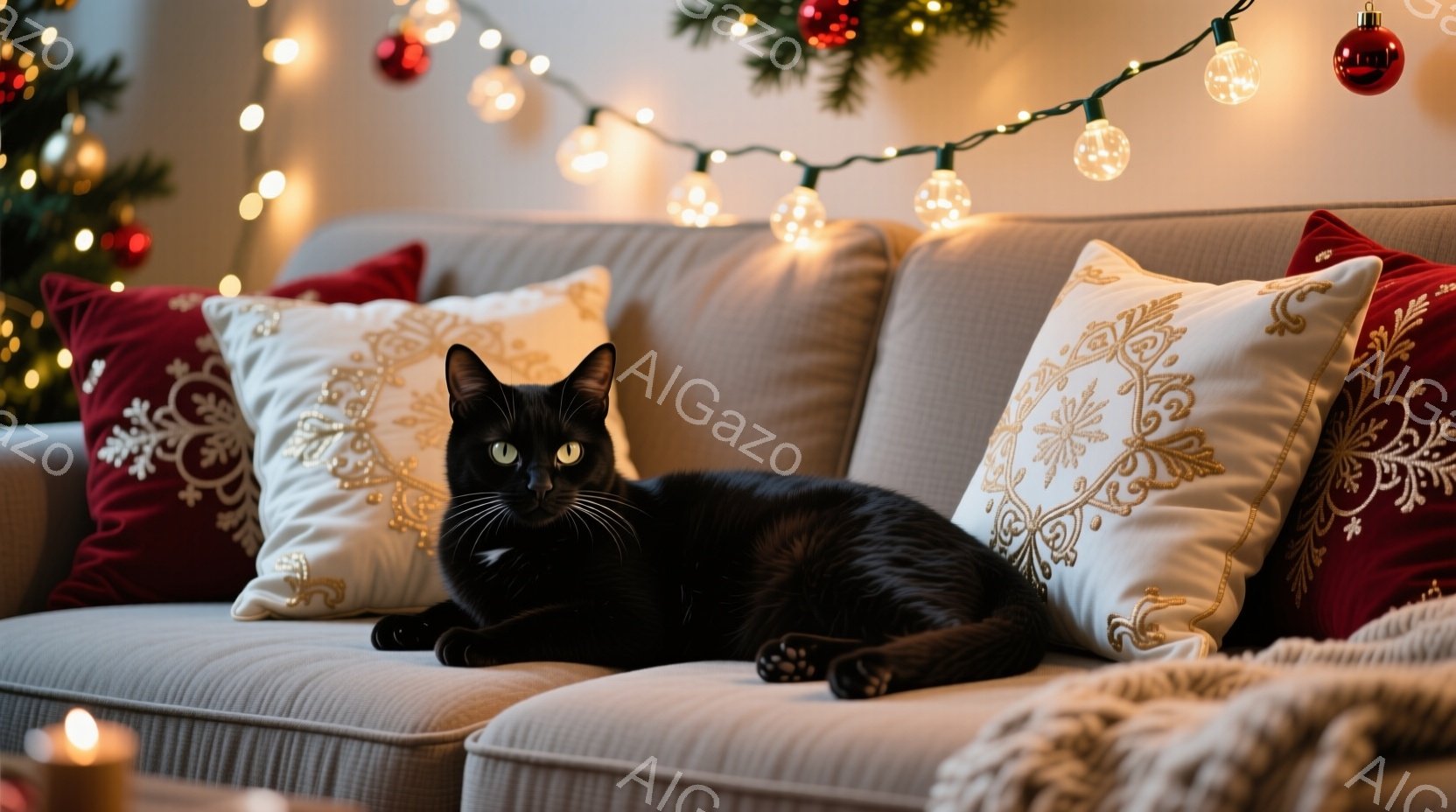 黒猫がベージュのソファに横たわっており、リラックスした様子で正面を見つめている。背景には赤いクッションと白い模様の入った枕が置かれ、天井からは温かみのあるイルミネーションが飾られている。全体的に、クリ - AI生成フリー素材