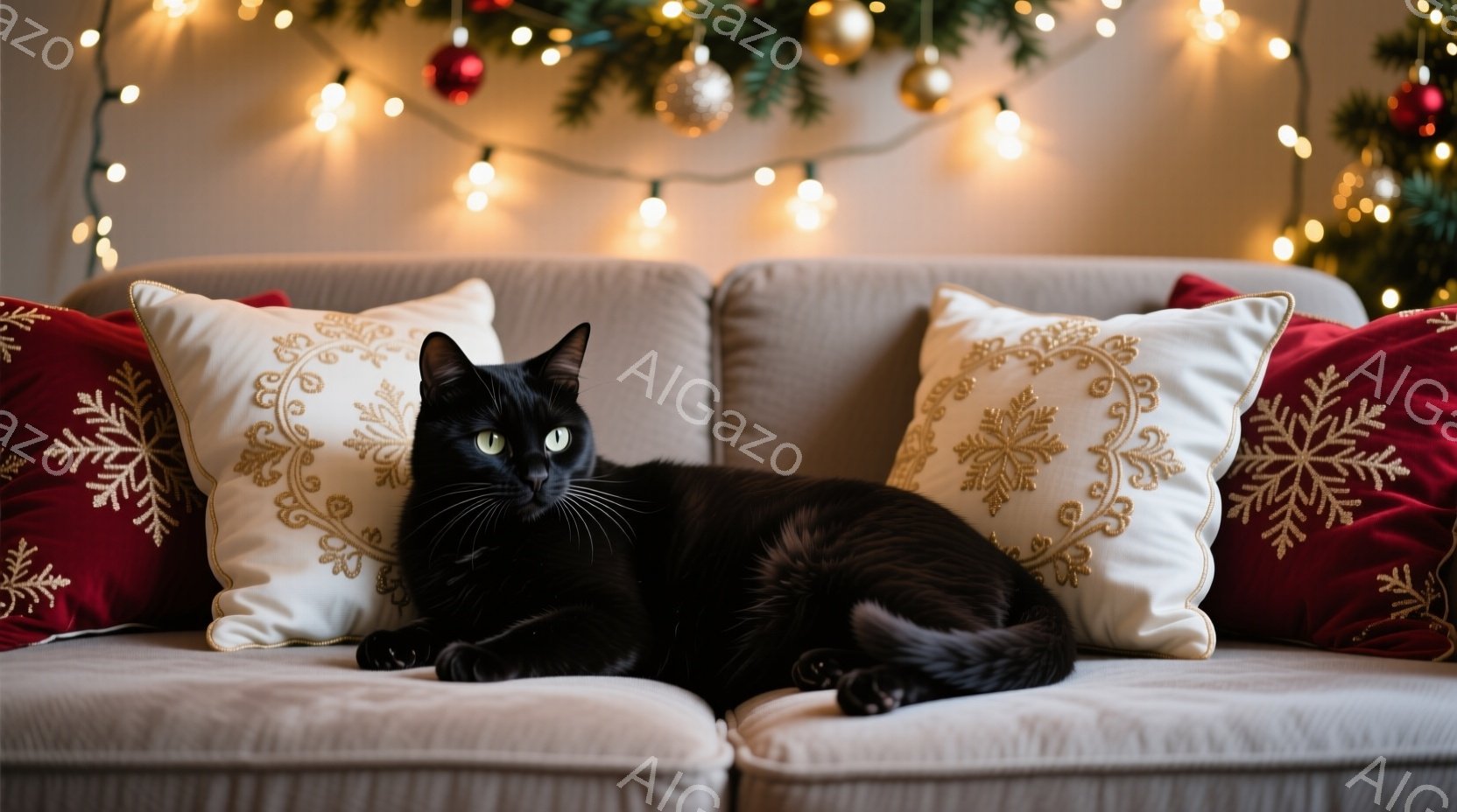 黒猫がクリーム色のソファのクッションの上でリラックスして横たわっています。背景には、赤いクッションと輝くクリスマスライトのガーランドがあり、暖かく居心地の良い雰囲気を醸し出しています。猫はリラックスした表情で、まるでクリスマスの準備を楽しんでいるかのようです。