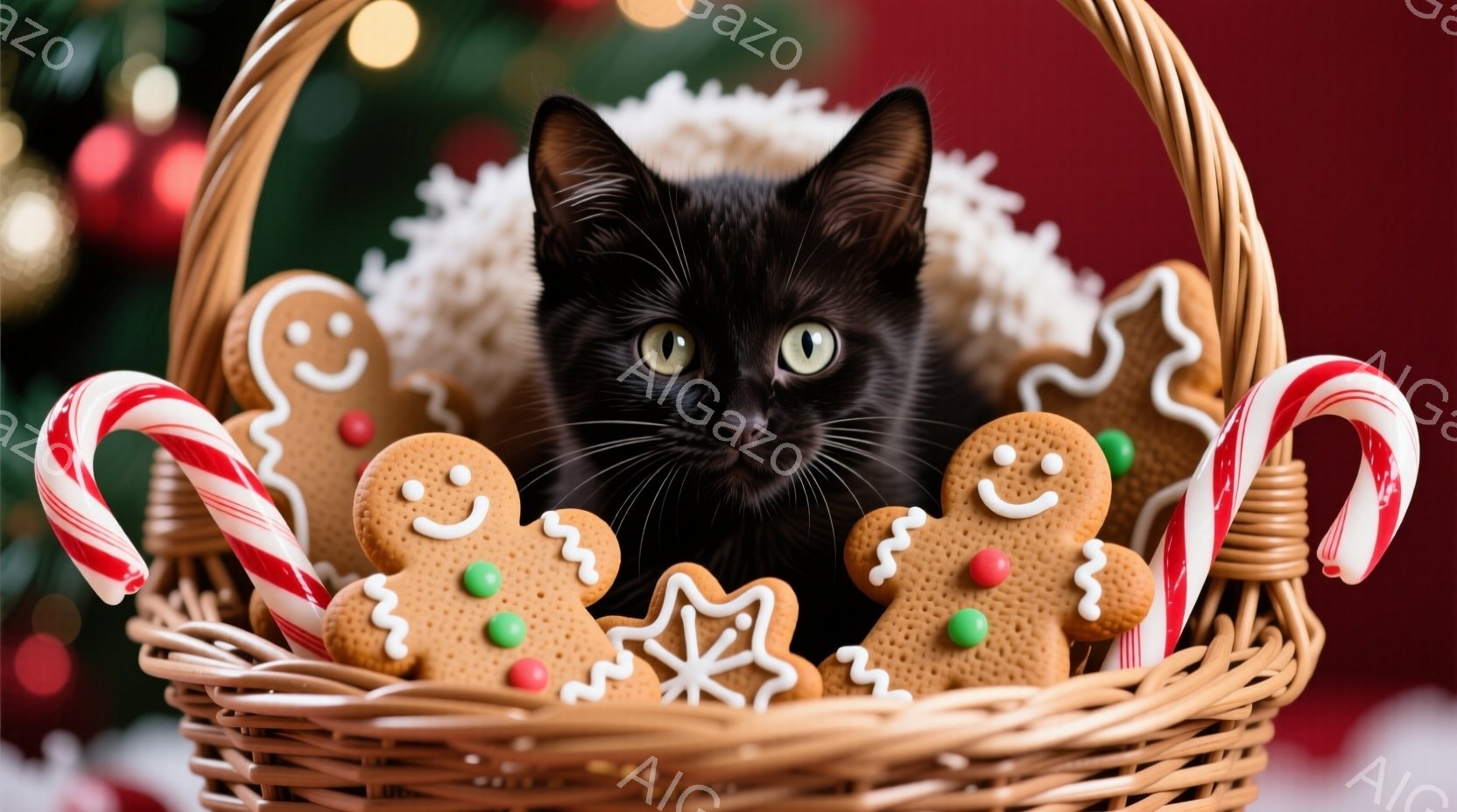 黒い猫が、クリスマスらしい籐の籠の中に座っており、周りにはジンジャーブレッドマンとキャンディケーンが散りばめられています。猫は正面を見つめ、少しいたずらっぽい表情を浮かべており、背景にはぼやけたクリスマスツリーの飾りが見えます。全体的に暖かく、遊び心のあるクリスマスの雰囲気が漂っています。