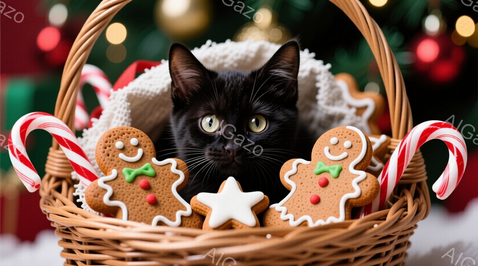 籠の中に黒猫が可愛らしく顔を出しており、周りにはジンジャーブレッドクッキーやキャンディケーンが置かれています。猫は緑色の瞳でカメラを見つめ、少しいたずらっぽい表情を浮かべています。背景にはぼやけたクリスマスツリーの飾りが見え、雪の上に置かれた籠が冬の温かく楽しい雰囲気を演出しています。