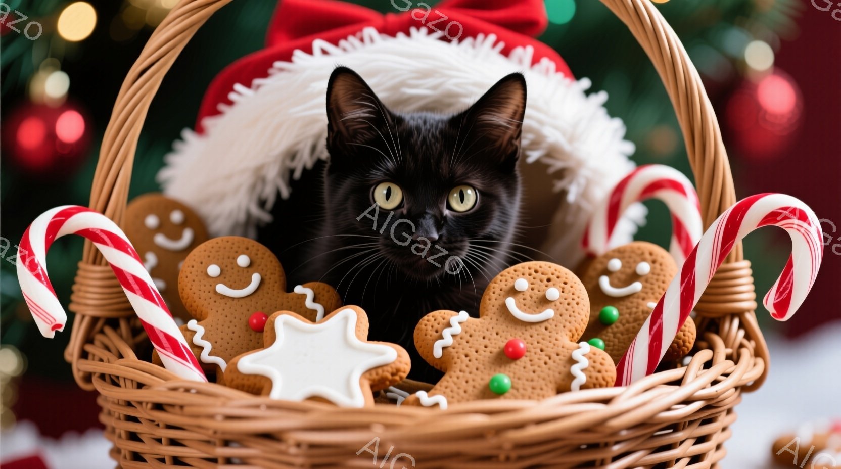 黒猫が、クリスマスの飾りがいっぱいのバスケットに座っています。周りにはジンジャーブレッドマンやキャンディケーンが置かれ、猫は少し緊張した様子で正面を見ています。背景にはぼやけたクリスマスツリーの光があり、全体的に温かく、お祝いの雰囲気が漂っています。