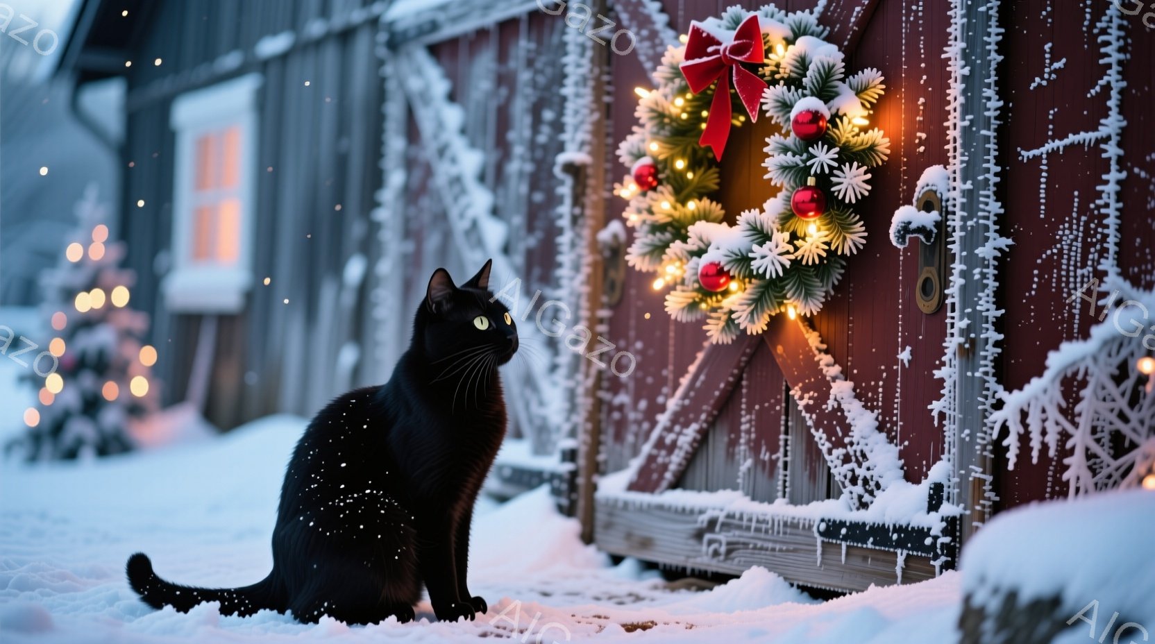 真っ黒な猫が雪の上に座り、少し上を見ている。背景には赤い木製の建物があり、クリスマスリースと点灯した電飾で飾られている。雪が舞い、暖かく幻想的な冬の雰囲気を醸し出している。 - AI生成フリー素材