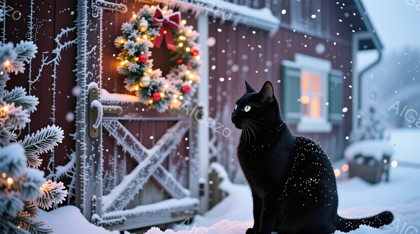 真っ黒な猫が雪の上に座り、何かをじっと見つめています。背景にはクリスマスの飾り付けが施された赤い木製の門があり、雪が静かに降り積もっています。暖色の光が門と窓から漏れ、冬の寒さの中にも温かい雰囲気が漂 - AI生成フリー素材