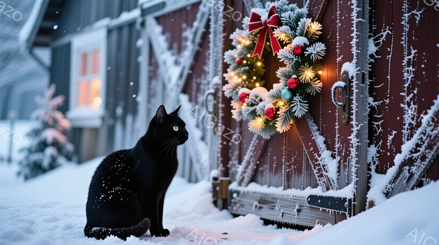 真っ黒な猫が雪の上に座り、何かを見つめている。背景には、クリスマスデコレーションが施された赤いドアがあり、暖かな光が灯っている。雪が降り積もり、冬の静寂で落ち着いた雰囲気が漂っている。 - AI生成フリー素材