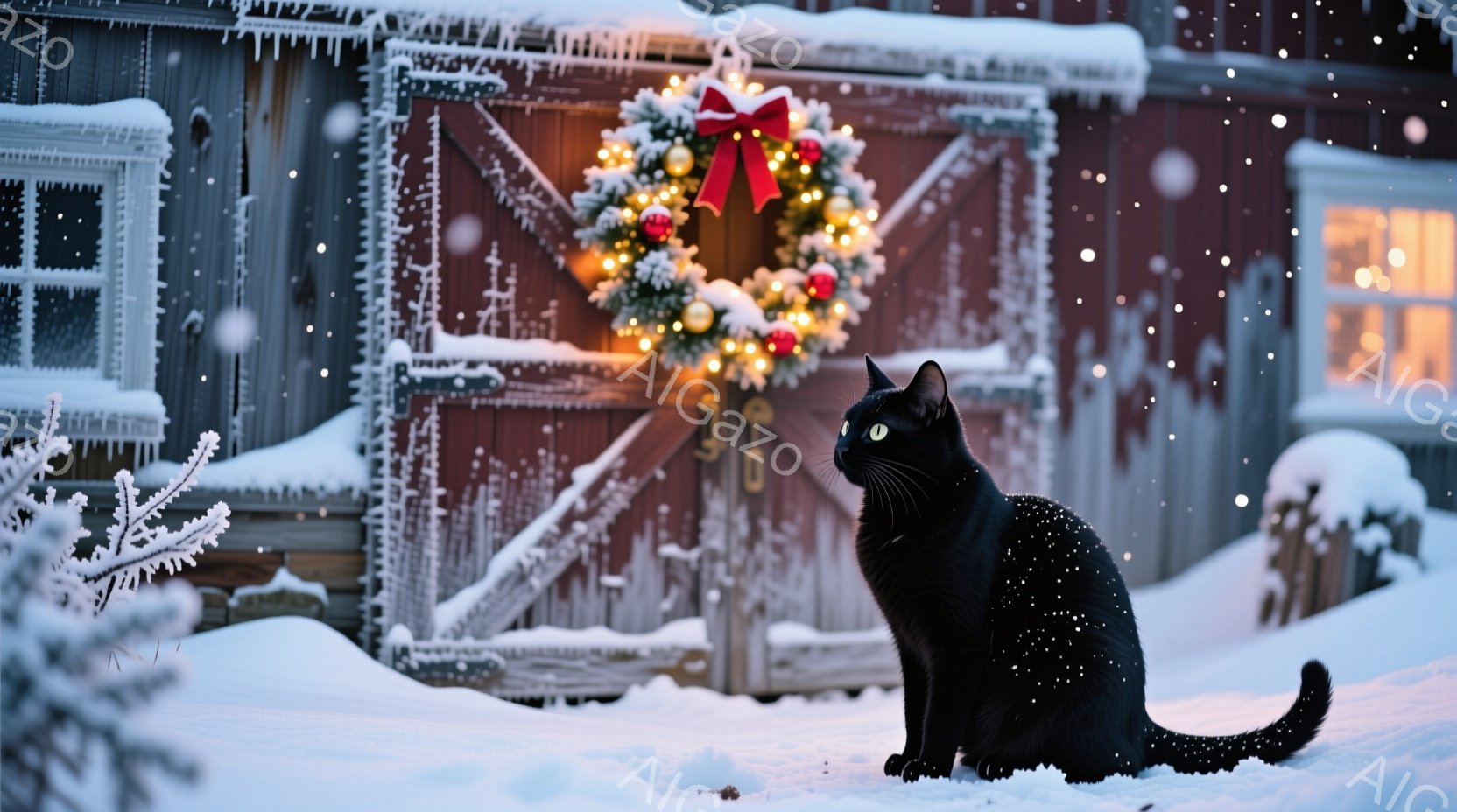 真っ黒な猫が雪に覆われた地面に座り、少し前方を見つめています。背景には、クリスマスリースが飾られた赤い木製の扉があり、雪で覆われた農家の建物がぼんやりと見えます。降りしきる雪と、暖かく光るリースが、冬 - AI生成フリー素材