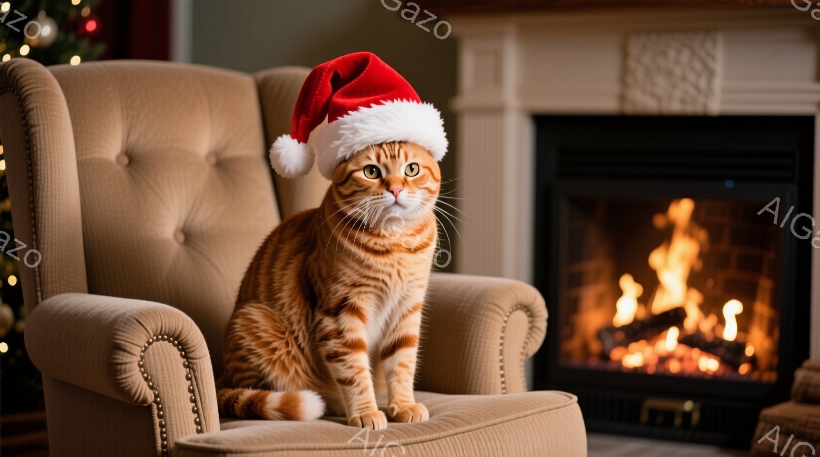 茶色の縞模様の猫が、クリスマスの赤い帽子をかぶって、ボタンのついたベージュ色の肘掛け椅子に座っています。猫は正面を見つめ、少し退屈そうな表情をしています。背景には暖炉があり、炎が燃え盛っており、暖かく - AI生成フリー素材
